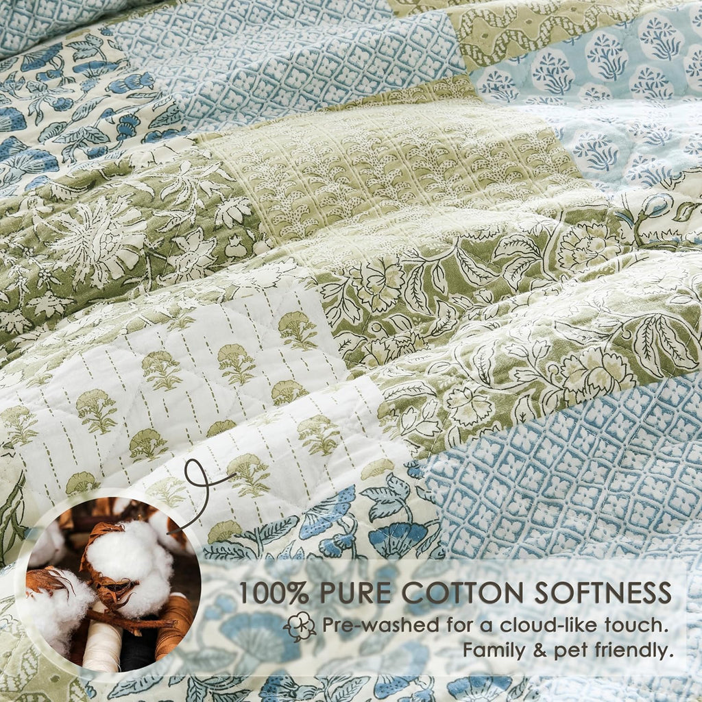 WDCOZY 100% Cotton Reversible Patchwork Quilt Queen Size, Lightweight Farmhouse Vintage Shabby Chic Bedding Set with 2 Pillow Shams, Green Floral Printed Pattern Bedspread Coverlet for All Seasons