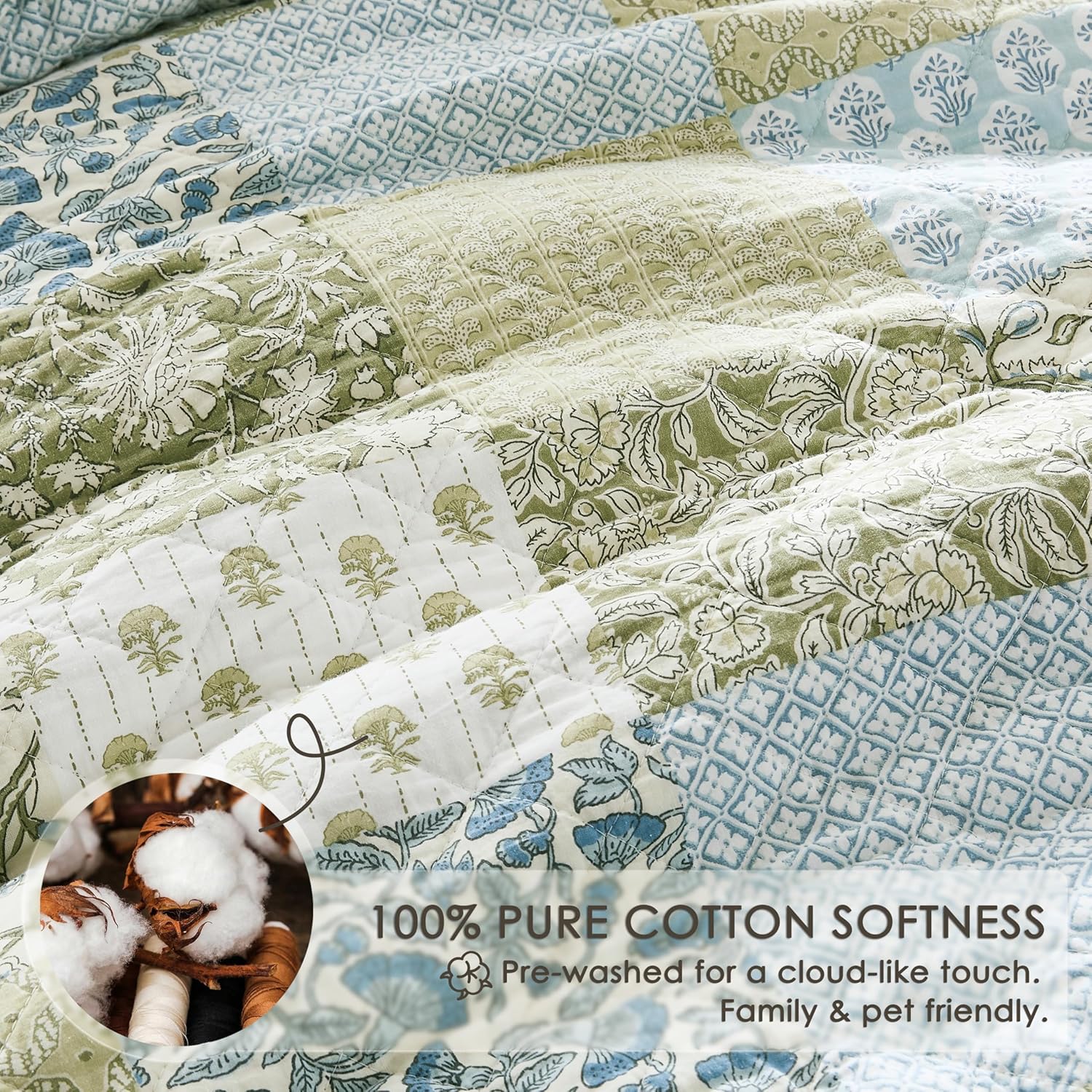 WDCOZY 100% Cotton Reversible Patchwork Quilt Queen Size, Lightweight Farmhouse Vintage Shabby Chic Bedding Set with 2 Pillow Shams, Green Floral Printed Pattern Bedspread Coverlet for All Seasons