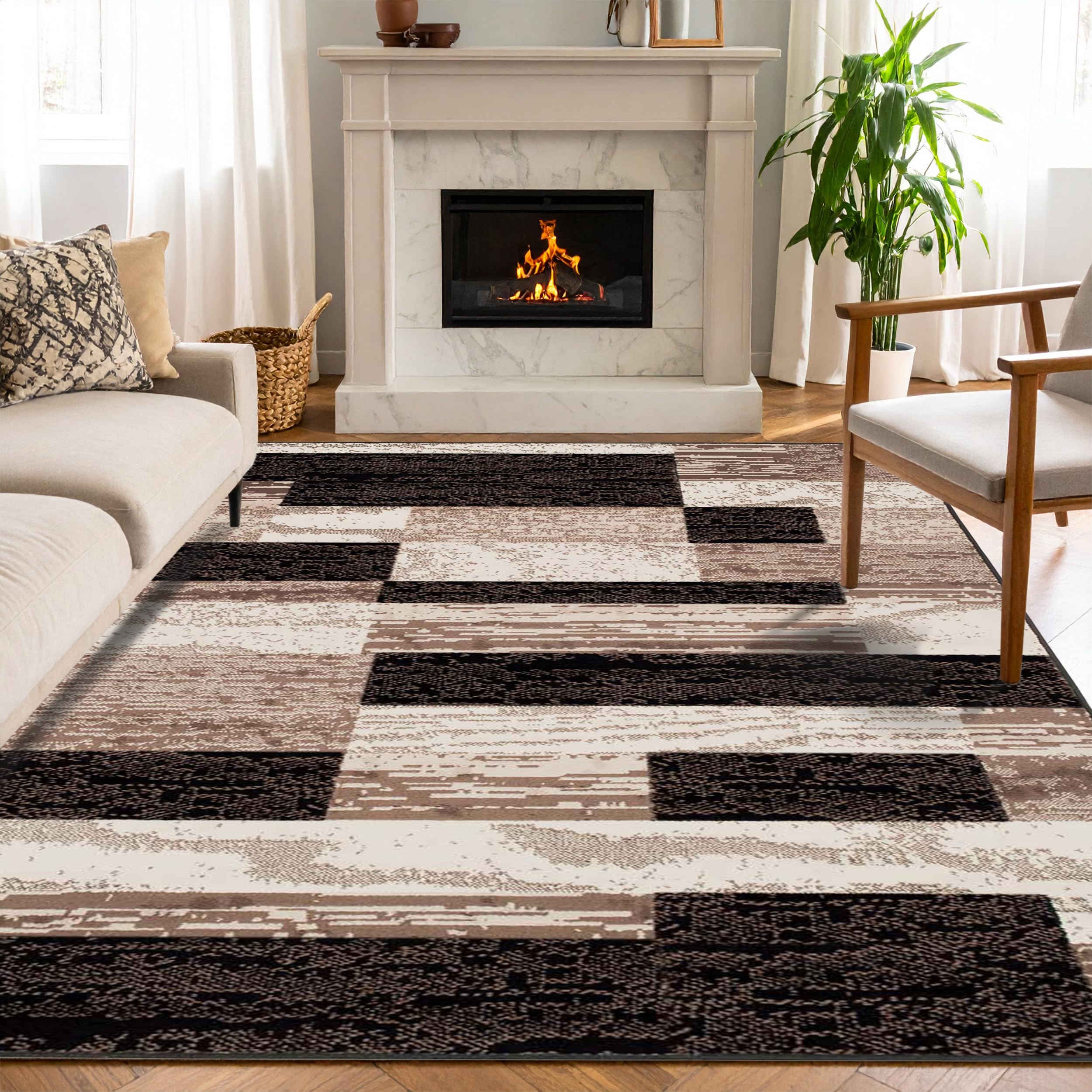 SUPERIOR Indoor Area Rug, Jute Backed, Modern Geometric Patchwork Floor Decor for Bedroom, Office, Living Room, Entryway, Hardwood Floors, Rockwood Collection, 4' x 6', Chocolate