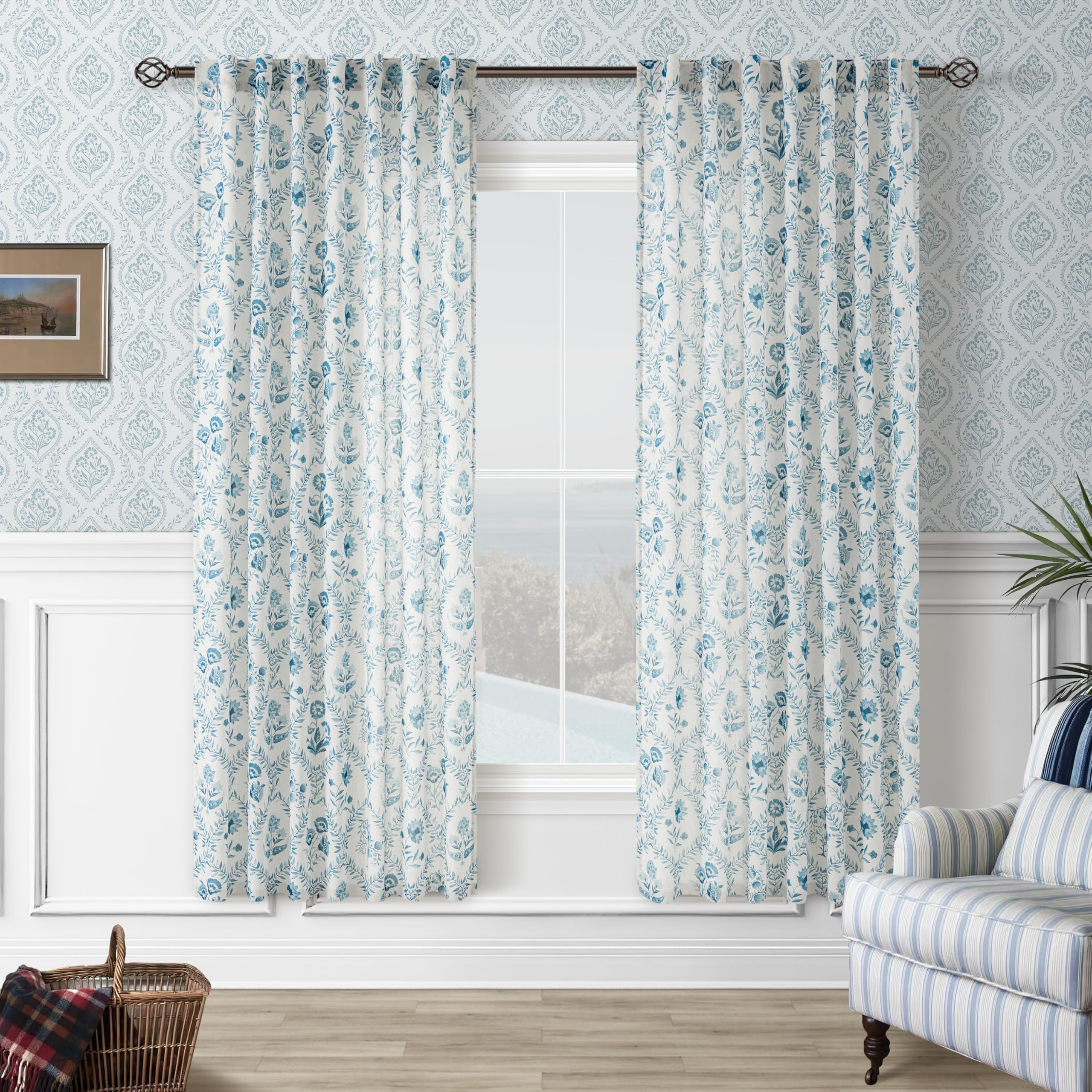 TWOPANELS Spring Farmhouse Floral Linen Curtains 84 Inch Length for Living Room Bedroom 2 Panels Semi Sheer Curtains Back Tab Tan Brown Patterned Flower on Beige Farmhouse Boho Rustic Window Drapes