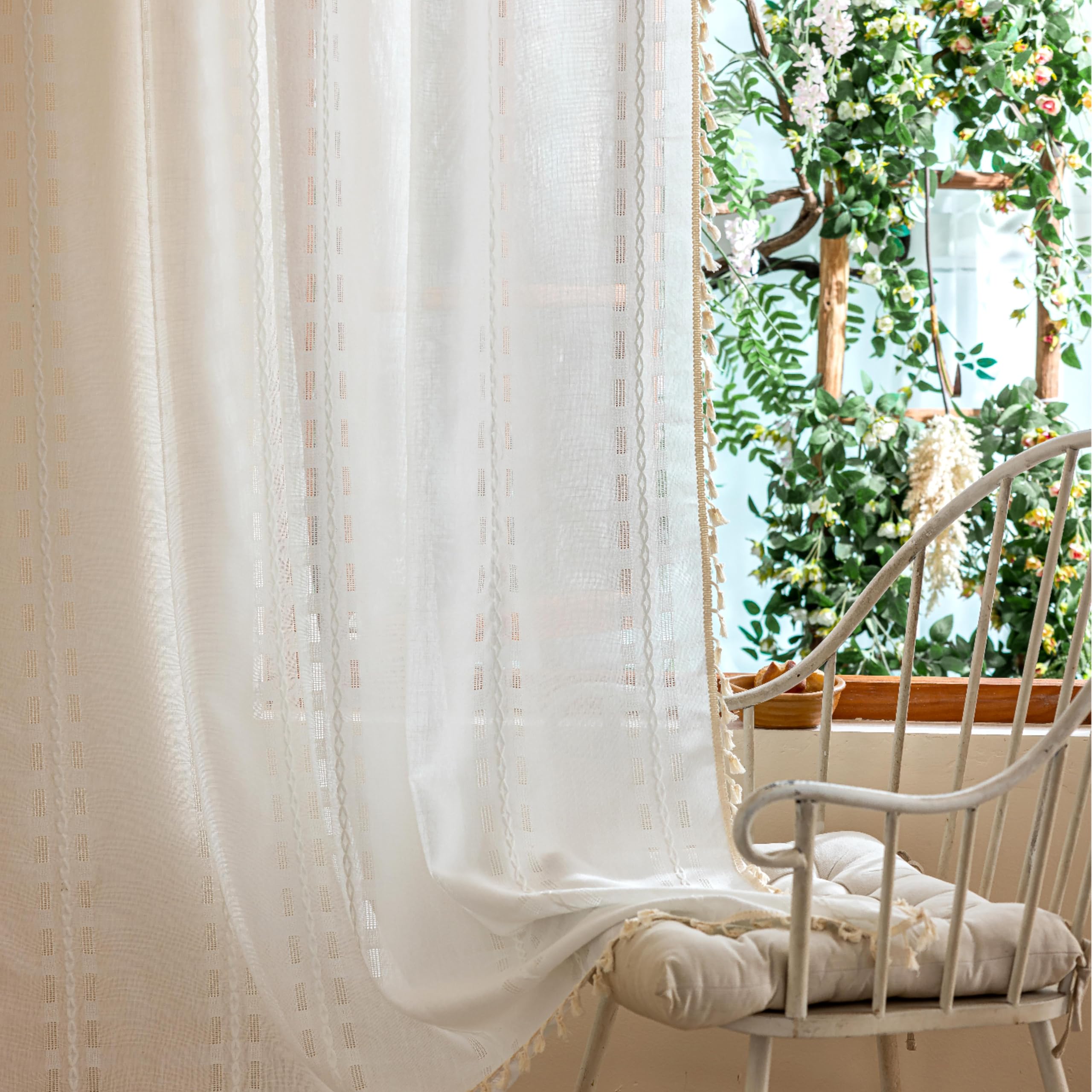 Blue Boho Sheer Curtains 72 inches Long 2 Panels for Bedroom, Light filtering Semi Sheer Bohemian French Country Privacy Tassels Vintage Chic Embroidery Stripes Window Curtains Back Tab, 50" W