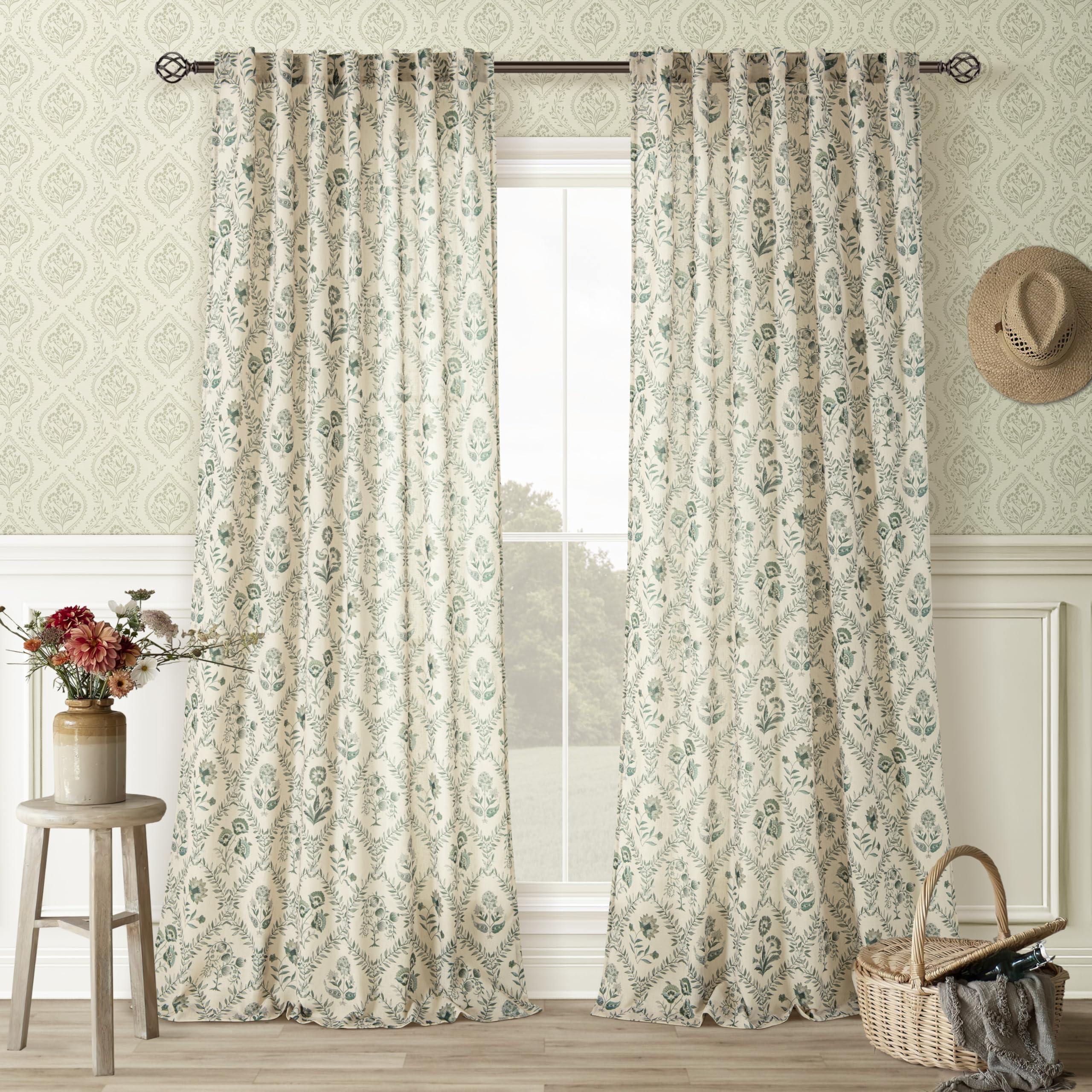 TWOPANELS Spring Farmhouse Floral Linen Curtains 84 Inch Length for Living Room Bedroom 2 Panels Semi Sheer Curtains Back Tab Tan Brown Patterned Flower on Beige Farmhouse Boho Rustic Window Drapes