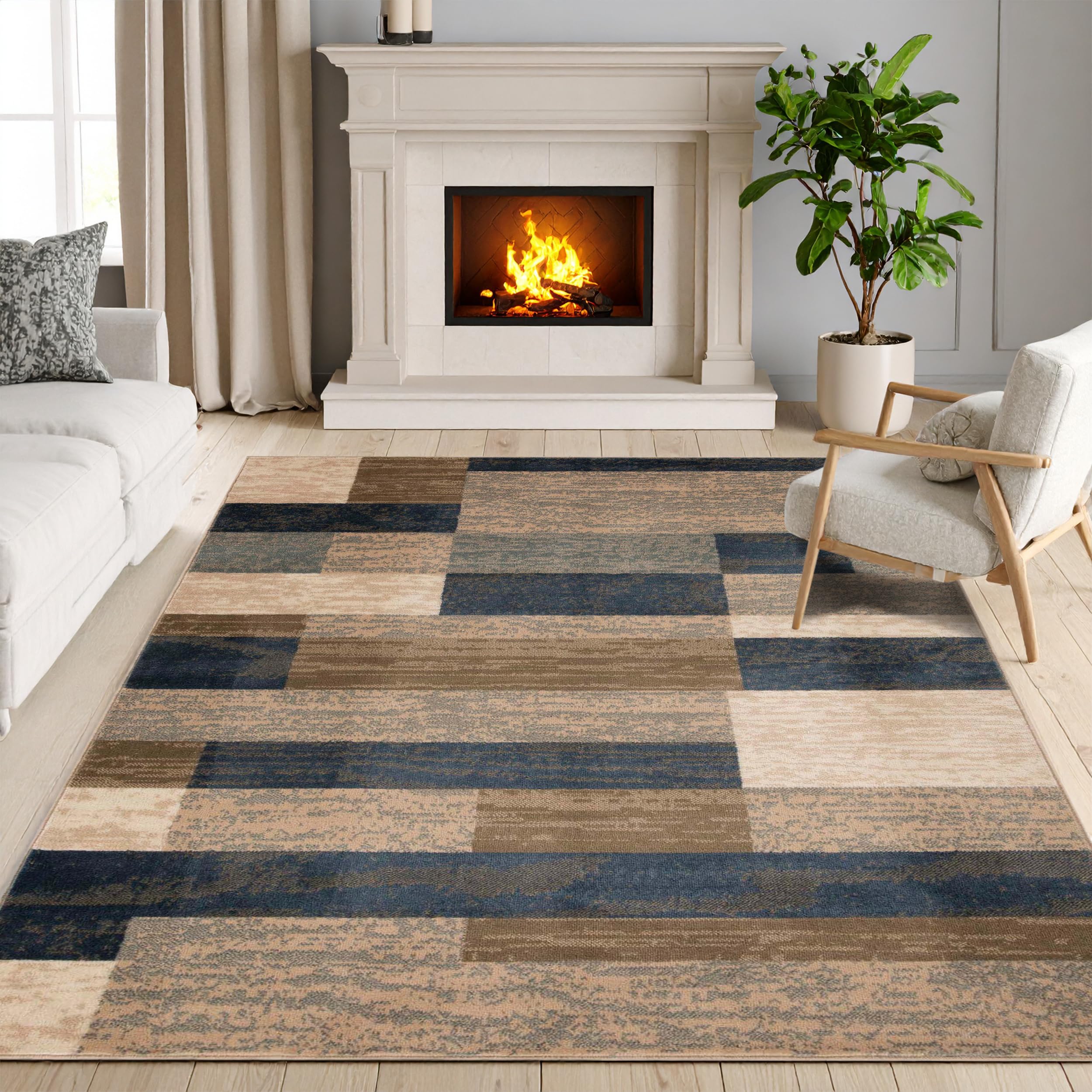 SUPERIOR Indoor Area Rug, Jute Backed, Modern Geometric Patchwork Floor Decor for Bedroom, Office, Living Room, Entryway, Hardwood Floors, Rockwood Collection, 4' x 6', Chocolate