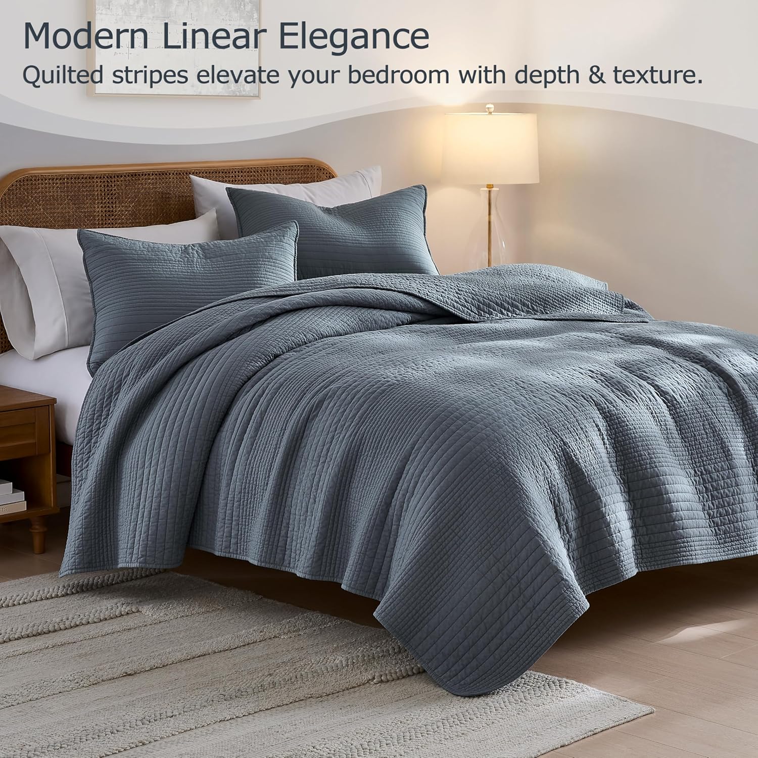 palassio Striped Blue Grey 100% Cotton Quilt King Size Bedding Sets, Lightweight Crinkly Channel Pick Stitch Textured Bedspread Soft Shabby Chic Farmhouse Country Coverlet for All Season, 2 Shams