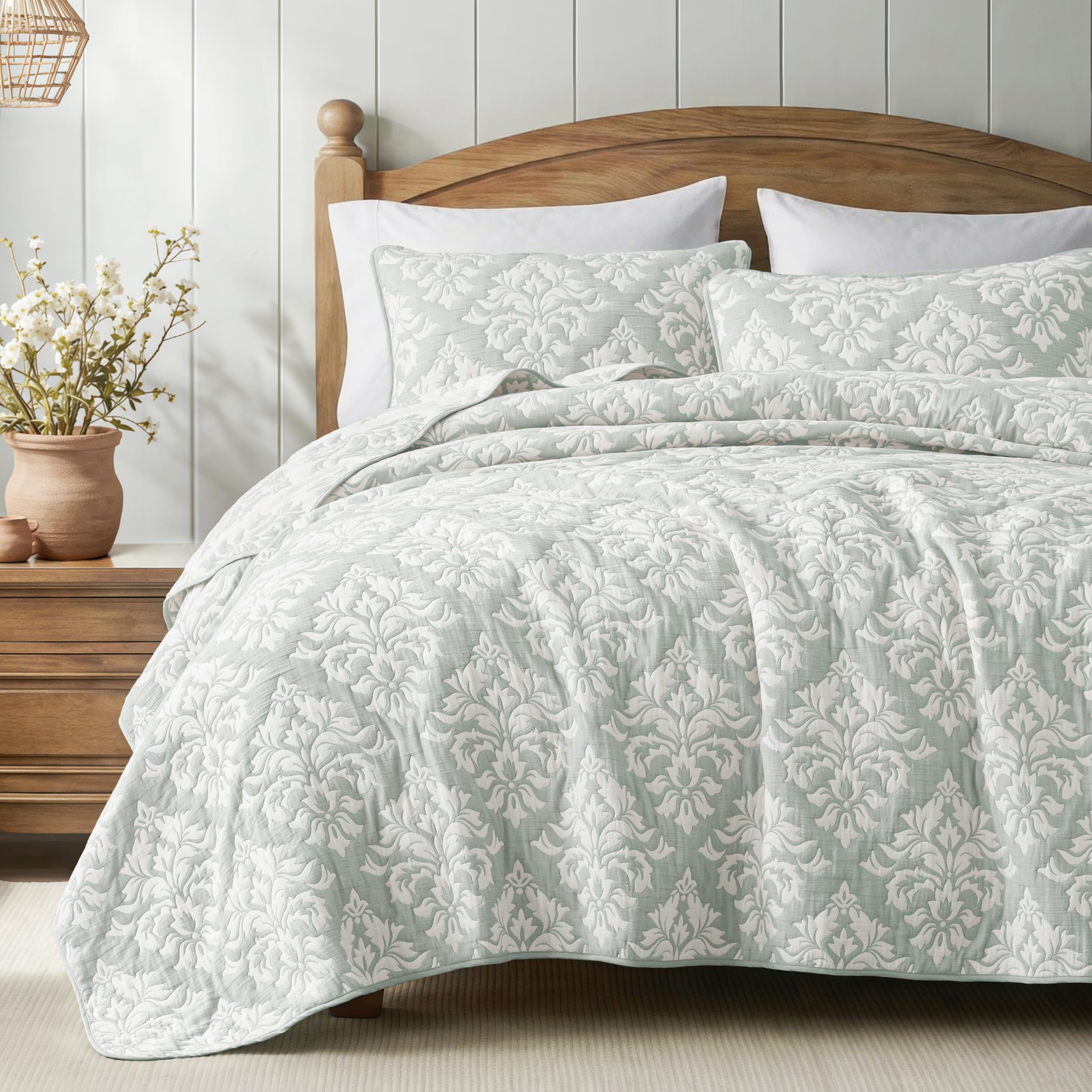Exclusivo Mezcla Cotton Quilts Queen Size Beige, Soft Lightweight Bedspread Breathable Prewashed Bed Coverlet with 2 Pillow Shams, Boho Pattern Yarn Dyed Muslin Quilt Bedding Set for All Seasons
