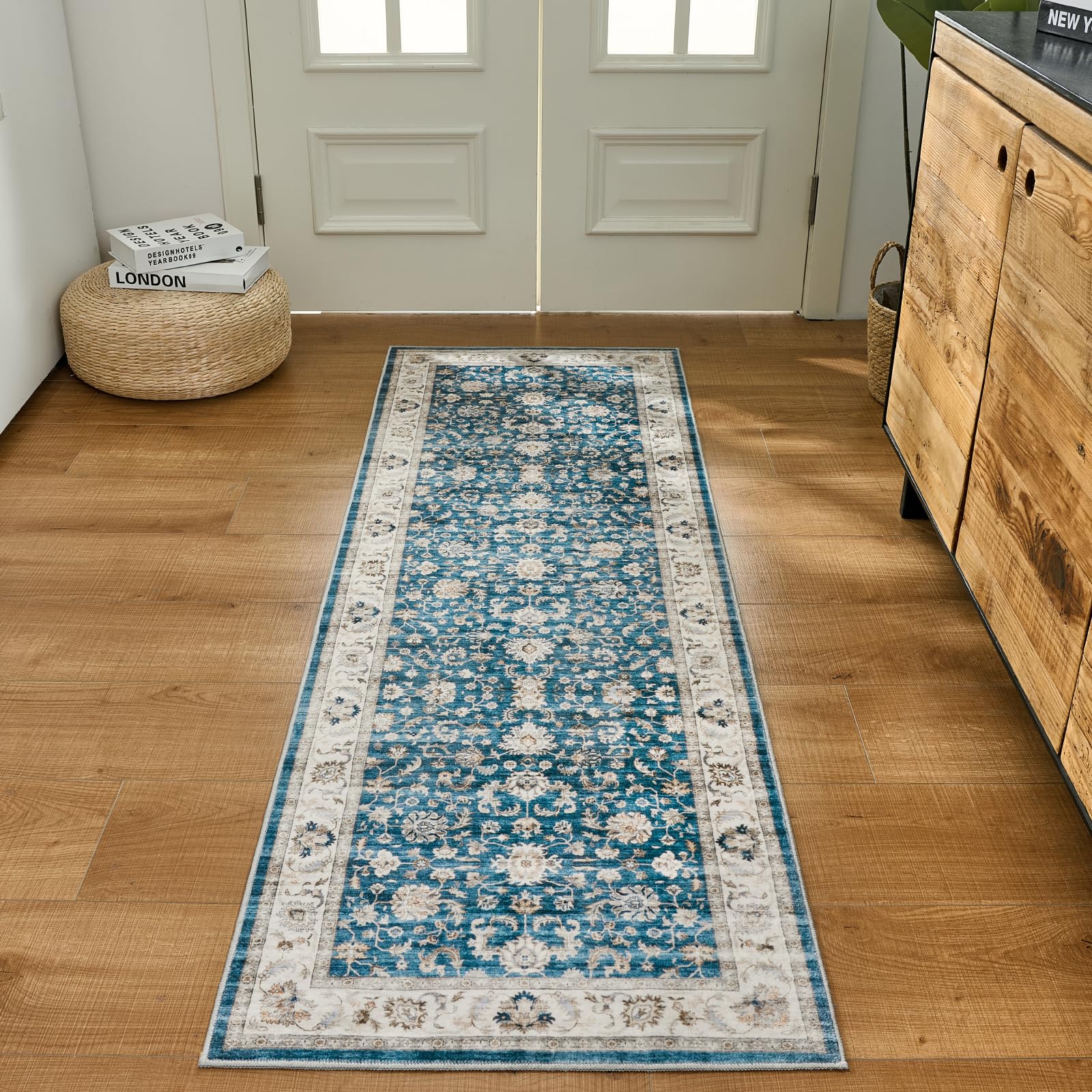 WITSHOCK 10x14 Area Rugs Living Room: Washable Large Neutral Vintage Soft Rug Stain Resistant Non-Slip Farmhouse Indoor Low Pile Floor Carpet for Bedroom Nursery Kids Office- Light Blue