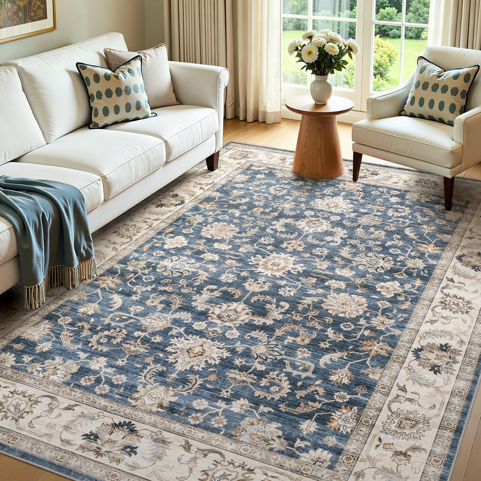 WITSHOCK 10x14 Area Rugs Living Room: Washable Large Neutral Vintage Soft Rug Stain Resistant Non-Slip Farmhouse Indoor Low Pile Floor Carpet for Bedroom Nursery Kids Office- Light Blue
