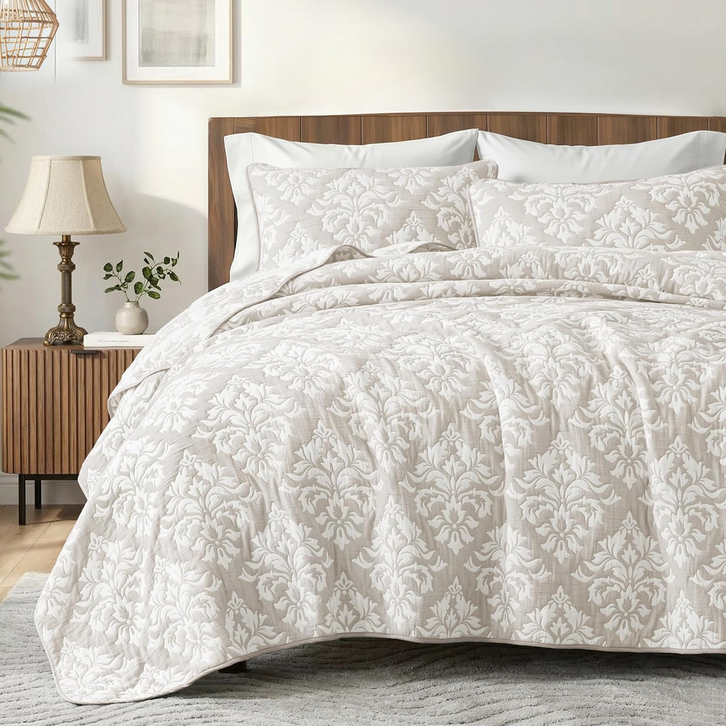 Exclusivo Mezcla Cotton Quilts Queen Size Beige, Soft Lightweight Bedspread Breathable Prewashed Bed Coverlet with 2 Pillow Shams, Boho Pattern Yarn Dyed Muslin Quilt Bedding Set for All Seasons