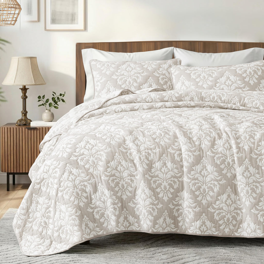 Exclusivo Mezcla Cotton Quilts Queen Size Beige, Soft Lightweight Bedspread Breathable Prewashed Bed Coverlet with 2 Pillow Shams, Boho Pattern Yarn Dyed Muslin Quilt Bedding Set for All Seasons