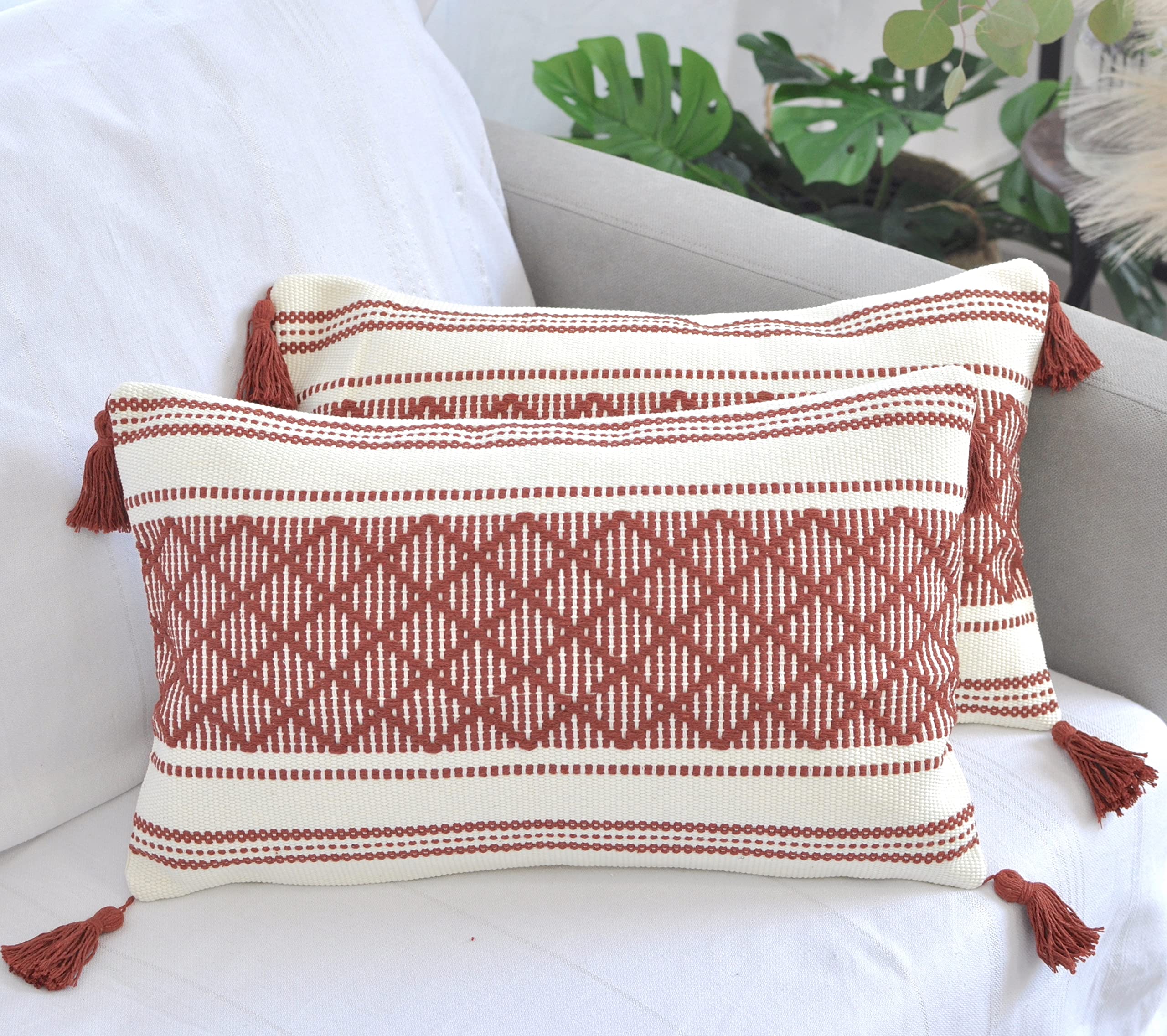 Boho Throw Pillow Covers with Tassels Navy Blue 16x16 inches Set of 2 Checkered Geometric Pattern/Decorative Square Pillow Covers for Couch Sofa Indoor Outdoor/Farmhouse Accent Pillow Cases