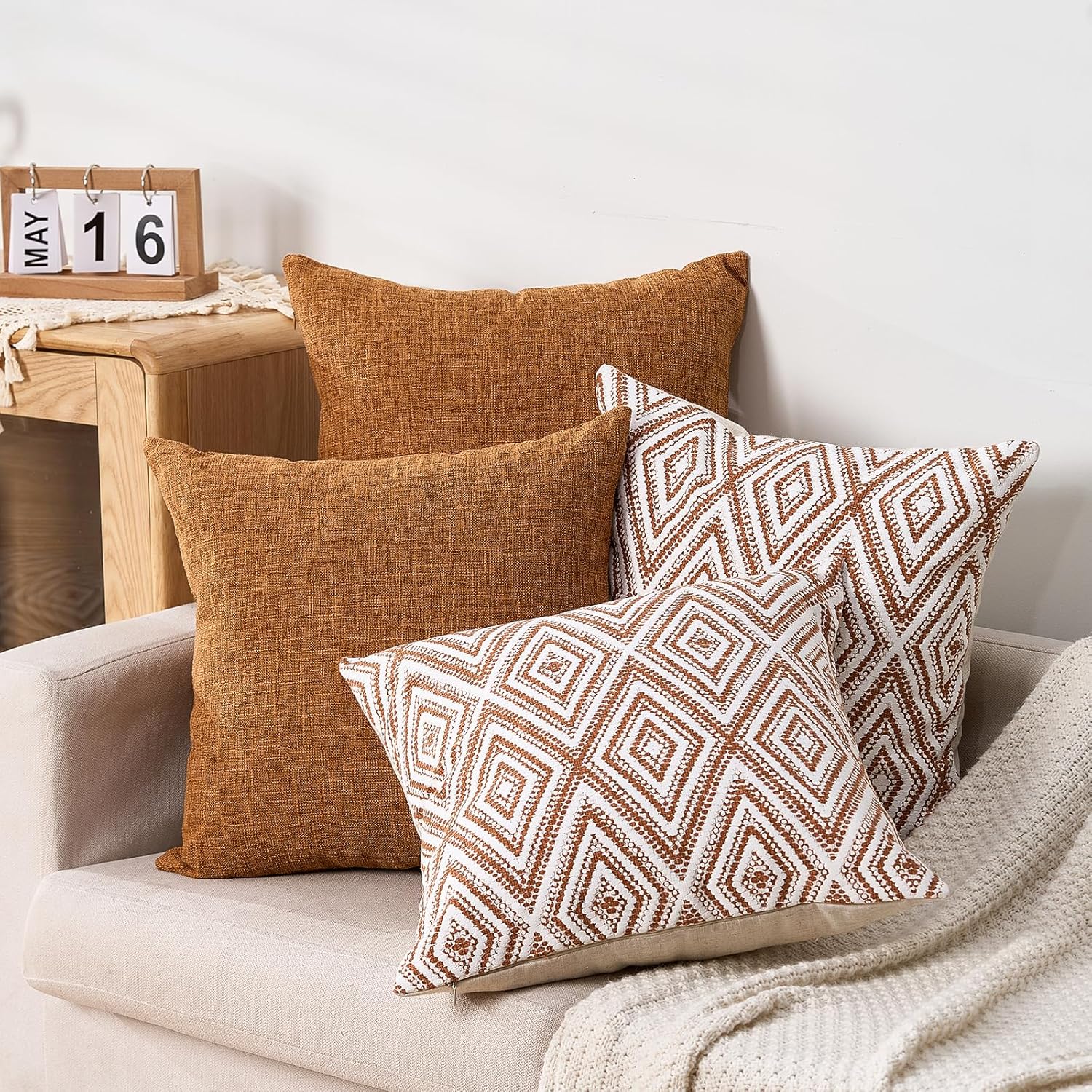 HPUK Decorative Throw Pillow Covers Set of 4 Geometric Design Linen Cushion Cover for Couch Sofa Living Room, 18"x18" inches, Golden Brown
