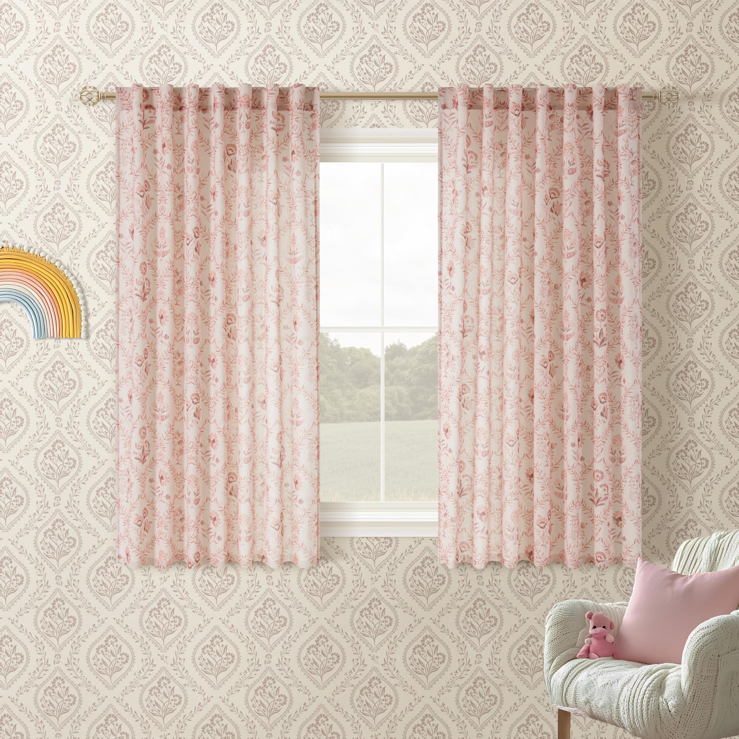TWOPANELS Spring Farmhouse Floral Linen Curtains 84 Inch Length for Living Room Bedroom 2 Panels Semi Sheer Curtains Back Tab Tan Brown Patterned Flower on Beige Farmhouse Boho Rustic Window Drapes