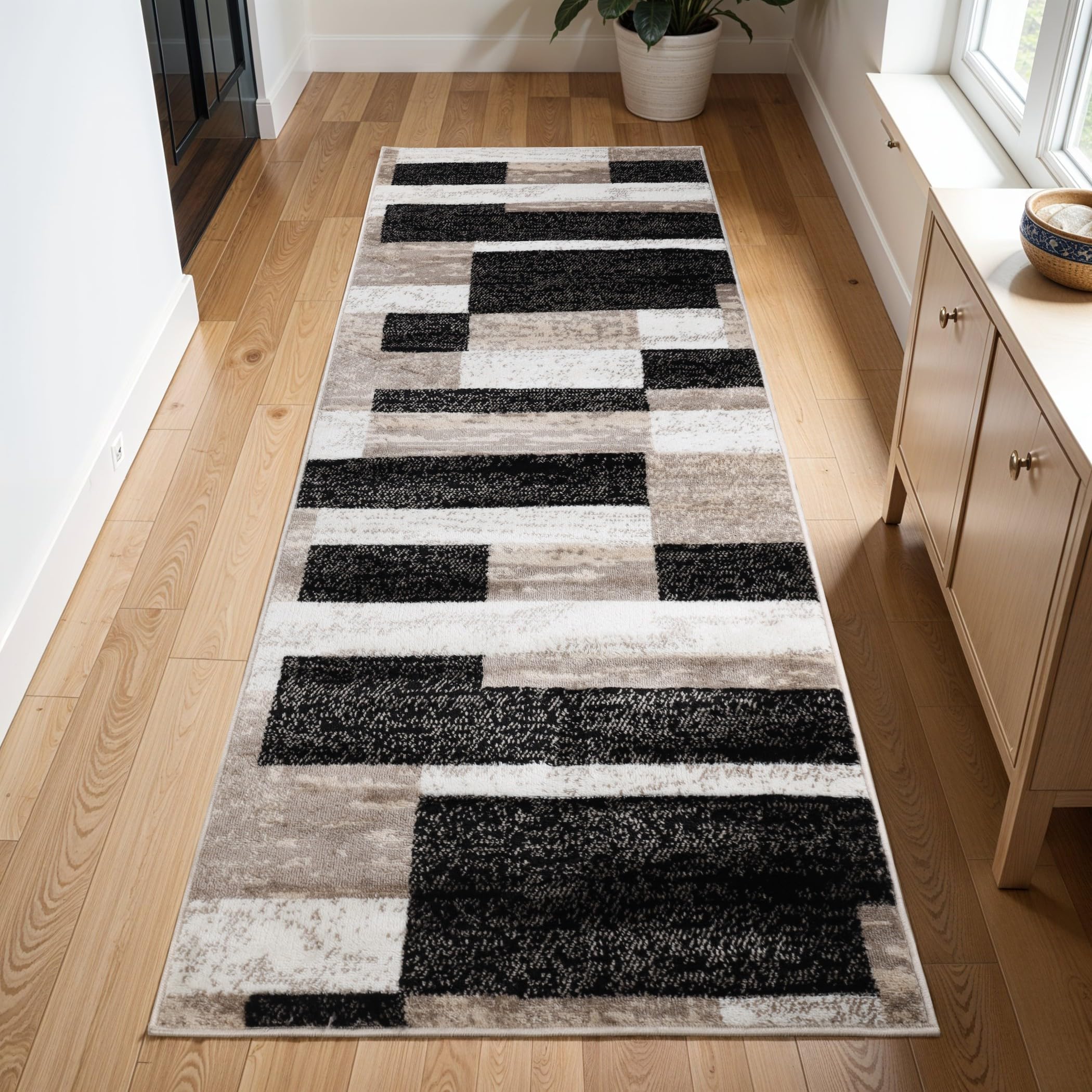 Superior Indoor Area Rug, Jute Backed, Modern Geometric Patchwork Floor Decor for Bedroom, Office, Living Room, Entryway, Kitchen, Hardwood Floors, Rockwood Collection, 3' x 5', Ivory-Beige