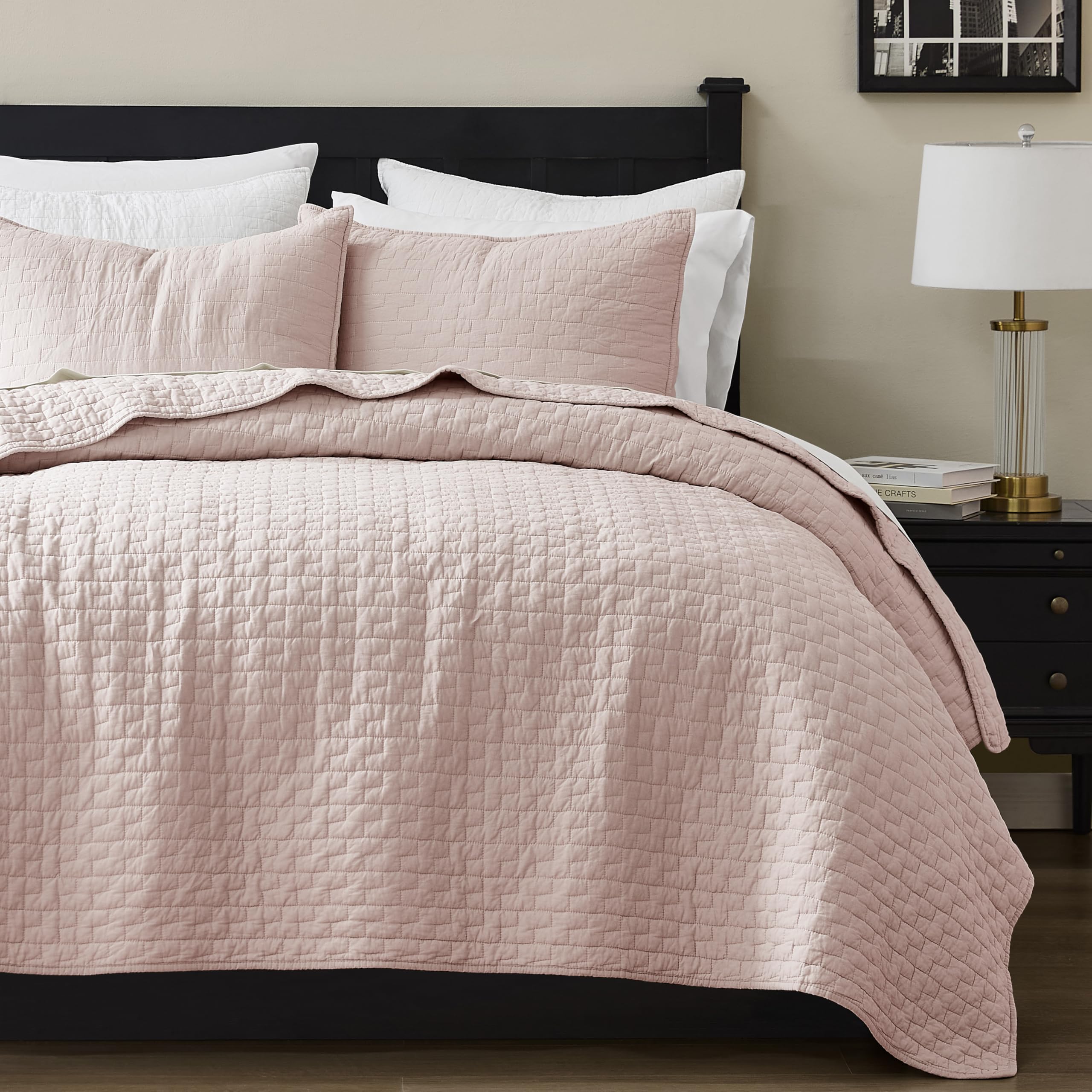 palassio Beige 100% Cotton Quilt Queen Size Bedding Sets with 2 Pillow Shams, Textured Lightweight Soft Bedspread Shabby Chic Coverlet, Neutral Quilted Comforter Bed Cover for All Season, 3 Pieces