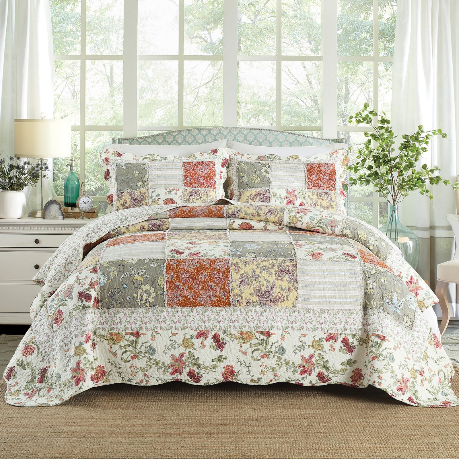 Yvooxny Quilts Queen Size Reversible Lightweight Bedspread 3-Piece Quilt Set Plaid Floral Patchwork 100% Cotton Queen Quilt Set Bedding Set with Pillow Shams for All Seasons, Azure Blue, 90x98''