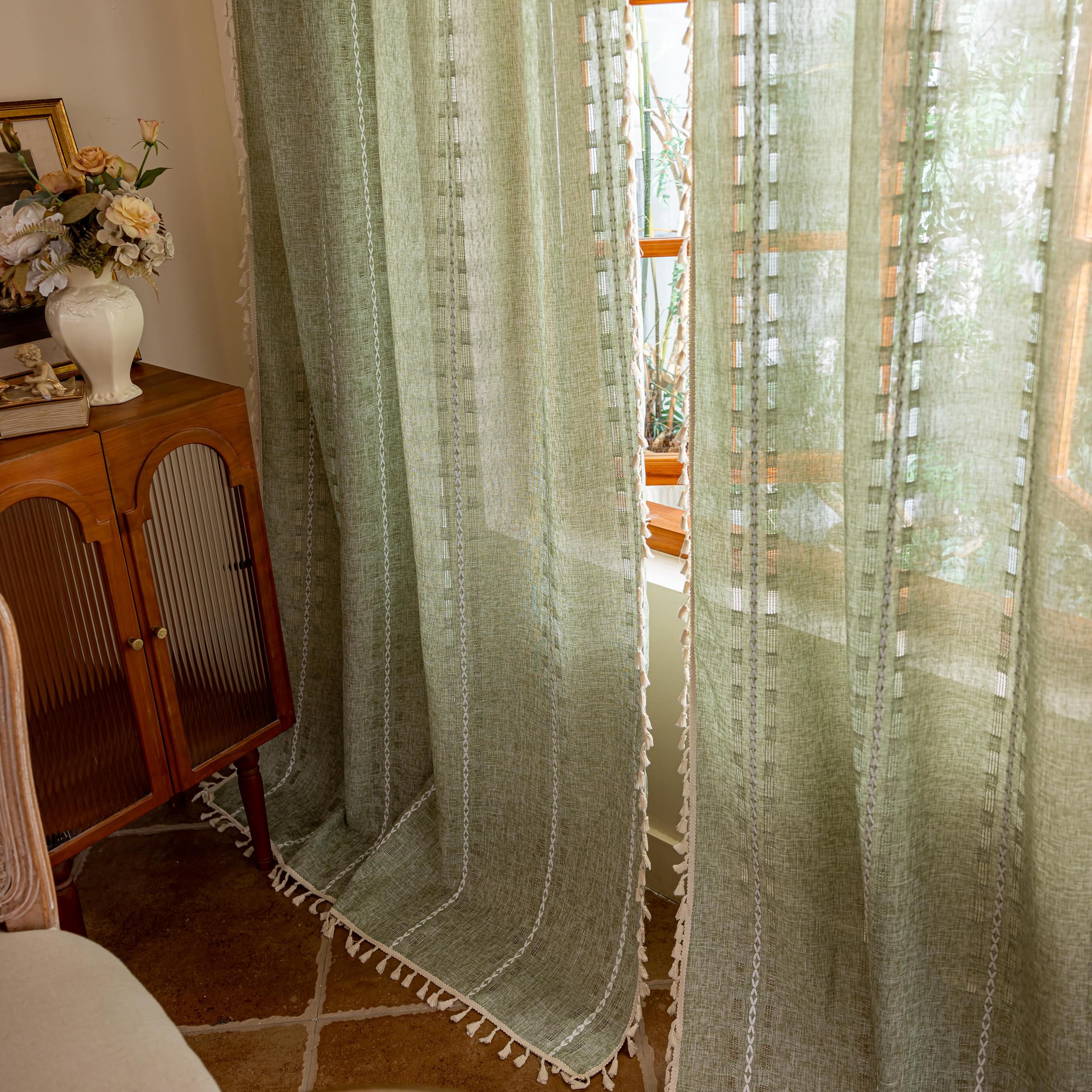 Blue Boho Sheer Curtains 72 inches Long 2 Panels for Bedroom, Light filtering Semi Sheer Bohemian French Country Privacy Tassels Vintage Chic Embroidery Stripes Window Curtains Back Tab, 50" W