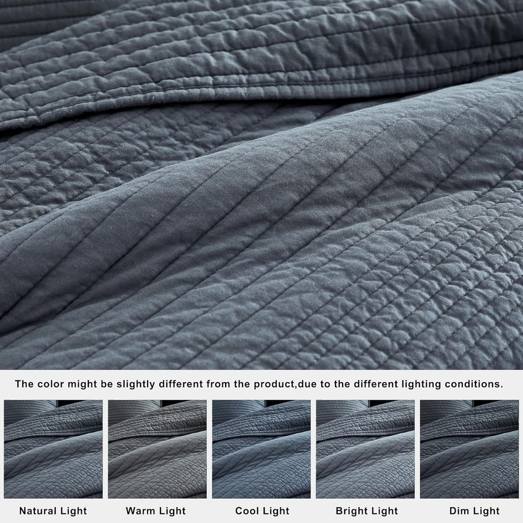 palassio Striped Blue Grey 100% Cotton Quilt King Size Bedding Sets, Lightweight Crinkly Channel Pick Stitch Textured Bedspread Soft Shabby Chic Farmhouse Country Coverlet for All Season, 2 Shams