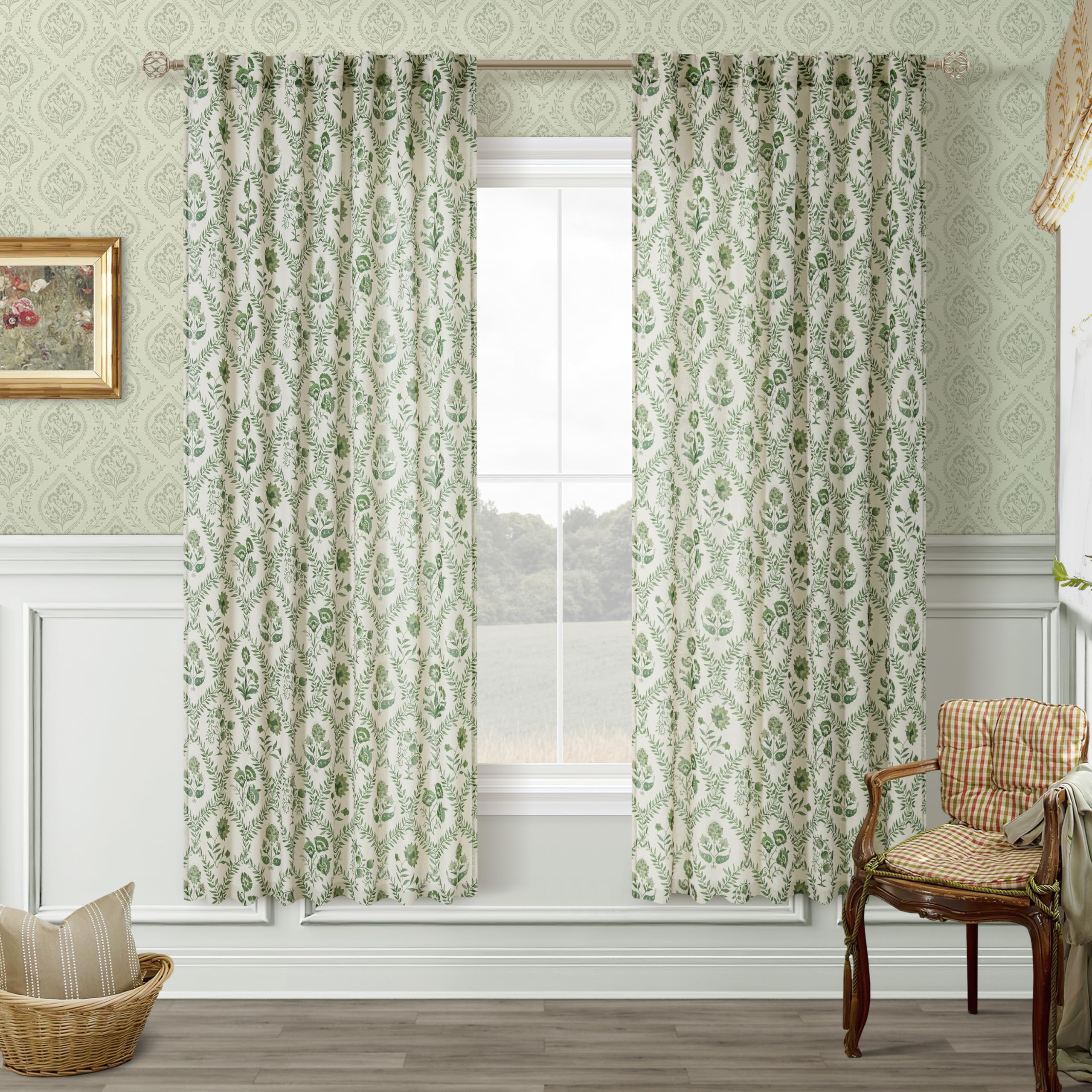TWOPANELS Spring Farmhouse Floral Linen Curtains 84 Inch Length for Living Room Bedroom 2 Panels Semi Sheer Curtains Back Tab Tan Brown Patterned Flower on Beige Farmhouse Boho Rustic Window Drapes