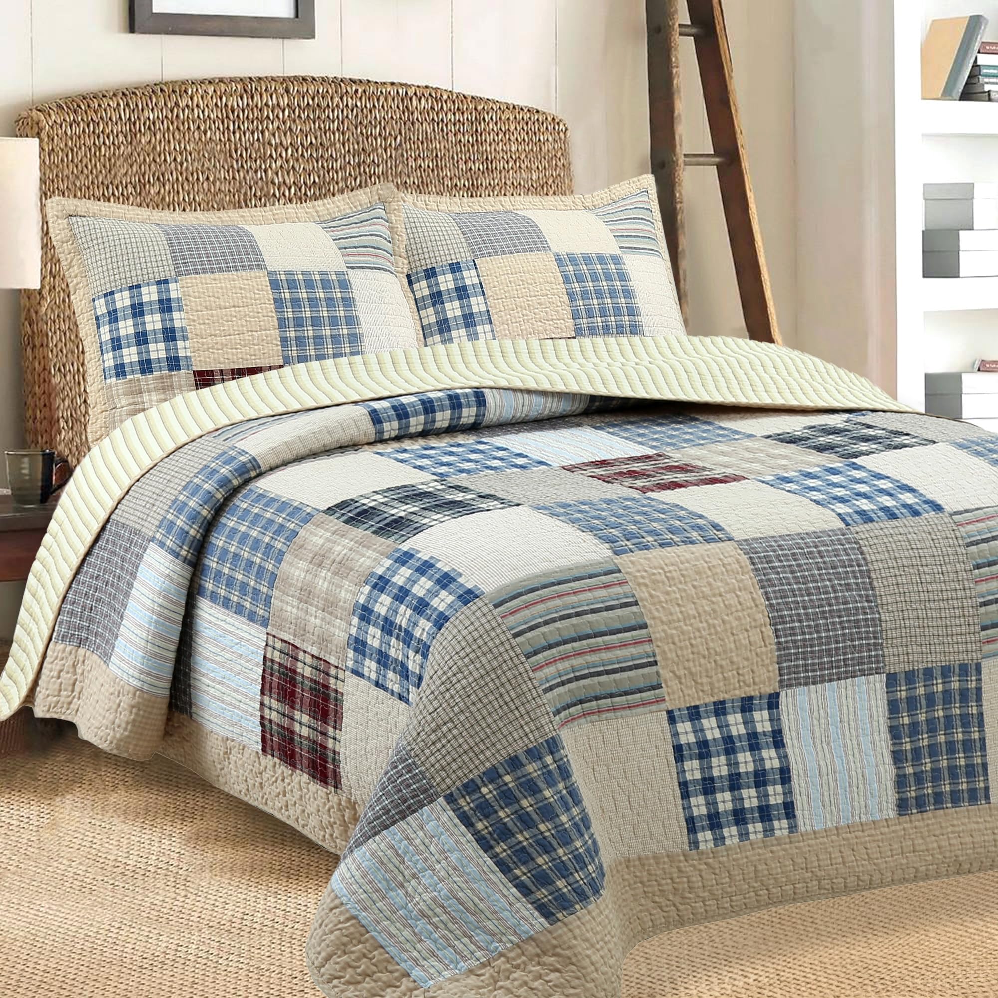 Cozy Line Home Fashions 100% Cotton Reversible Quilt Bedding Set, Classic Taupe Tan Striped Patchwork All-Season Coverlet Bedspread (Winter Plains, Queen-3 Piece)