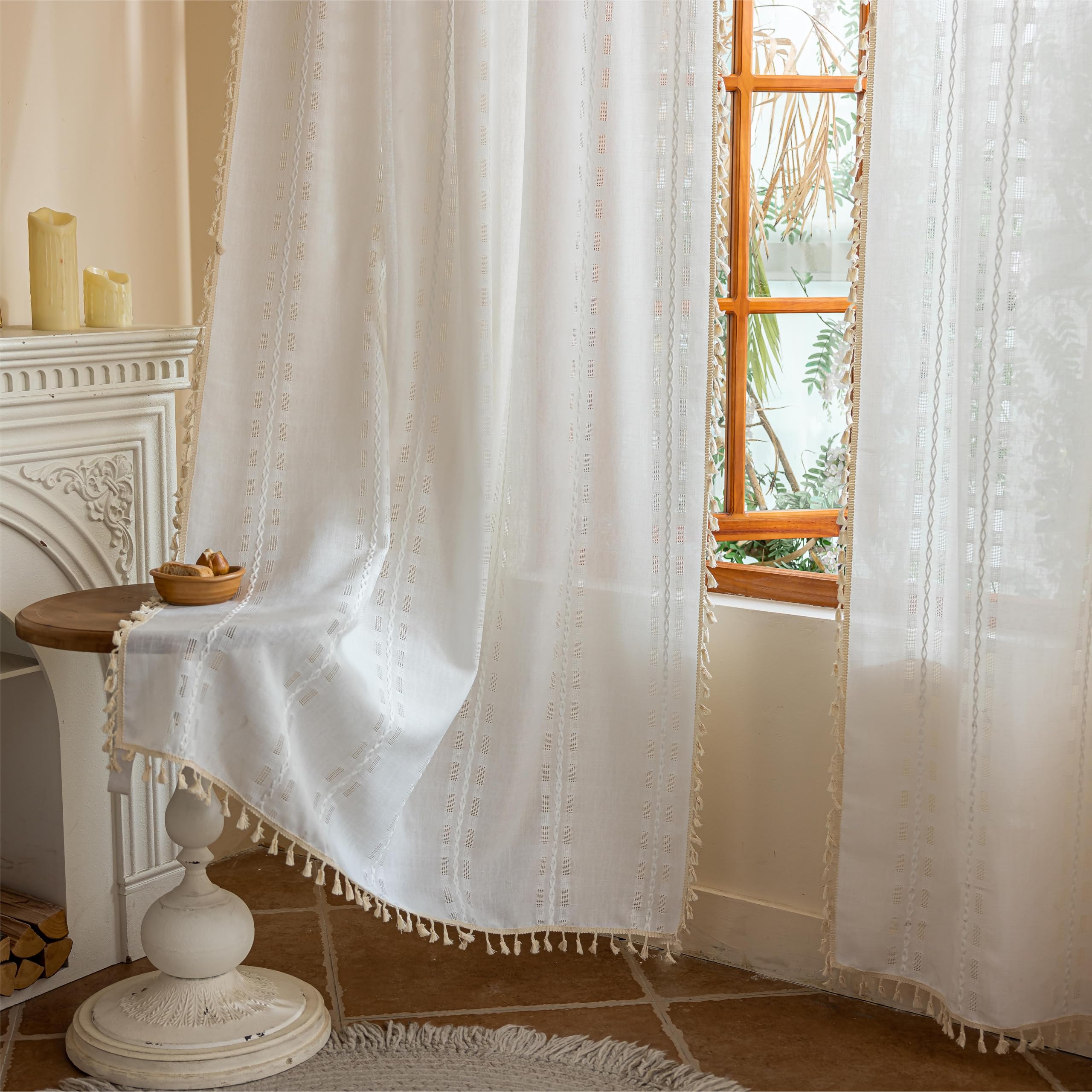 Blue Boho Sheer Curtains 72 inches Long 2 Panels for Bedroom, Light filtering Semi Sheer Bohemian French Country Privacy Tassels Vintage Chic Embroidery Stripes Window Curtains Back Tab, 50" W