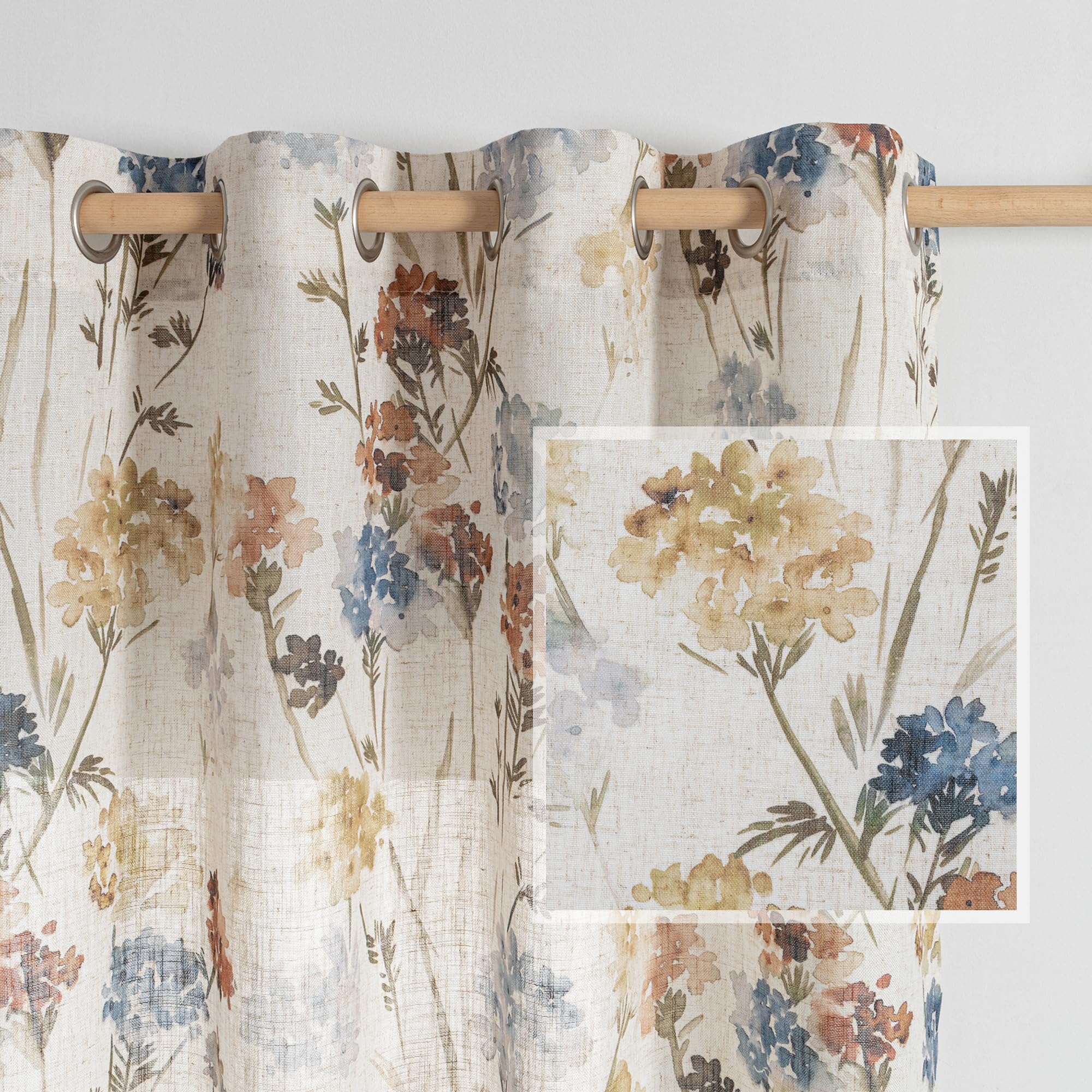 MYSKY HOME Floral Curtains for Living Room Linen Look Semi Sheer Vertical Light Filtering Privacy Drapes Decor Farmhouse Style Texture for Bedroom Dining Room, Brown, W52 x L84, Pack-2