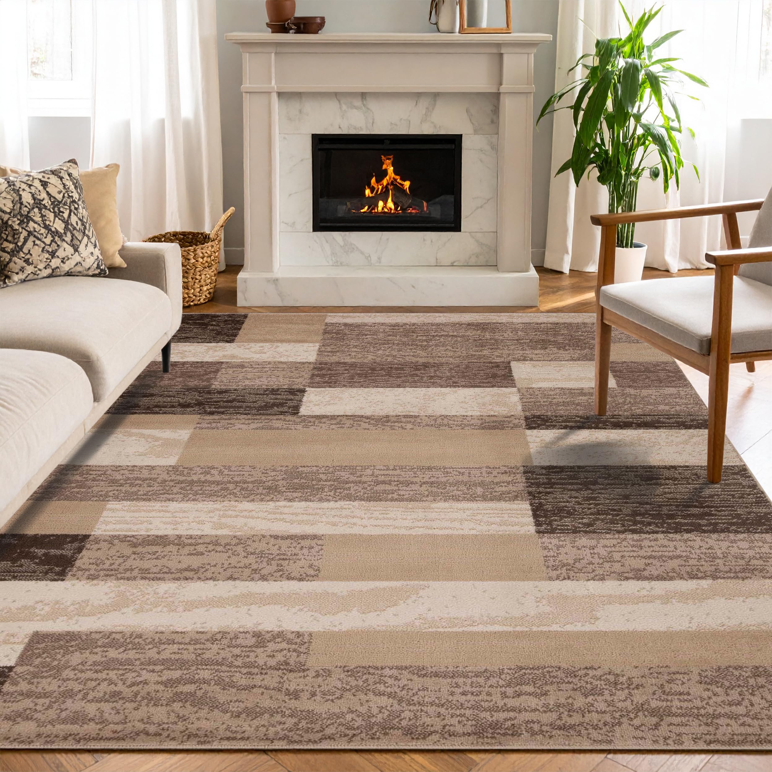 Superior Indoor Area Rug, Jute Backed, Modern Geometric Patchwork Floor Decor for Bedroom, Office, Living Room, Entryway, Kitchen, Hardwood Floors, Rockwood Collection, 3' x 5', Ivory-Beige