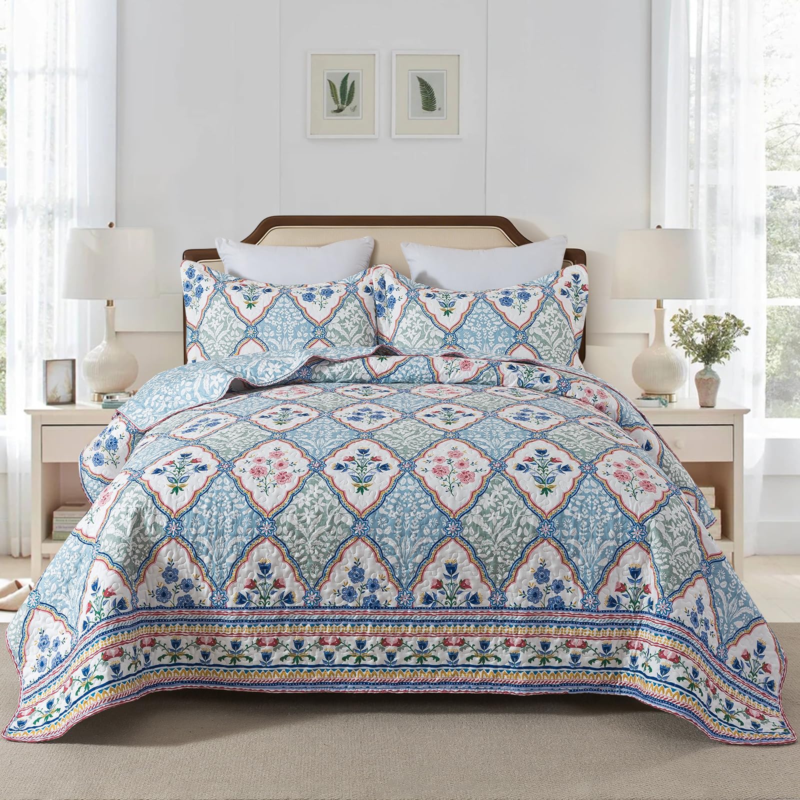 NEWLAKE Quilt Set Queen Size, 100% Cotton Patchwork Green Bohemian Quilt Sets, Reversible Bedspread Lightweight and Breathable for All Seasons, Soft Quilted Bedspread with 2 Pillow Shams