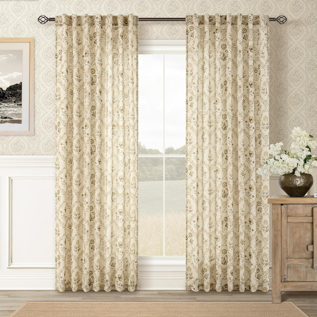 TWOPANELS Spring Farmhouse Floral Linen Curtains 84 Inch Length for Living Room Bedroom 2 Panels Semi Sheer Curtains Back Tab Tan Brown Patterned Flower on Beige Farmhouse Boho Rustic Window Drapes