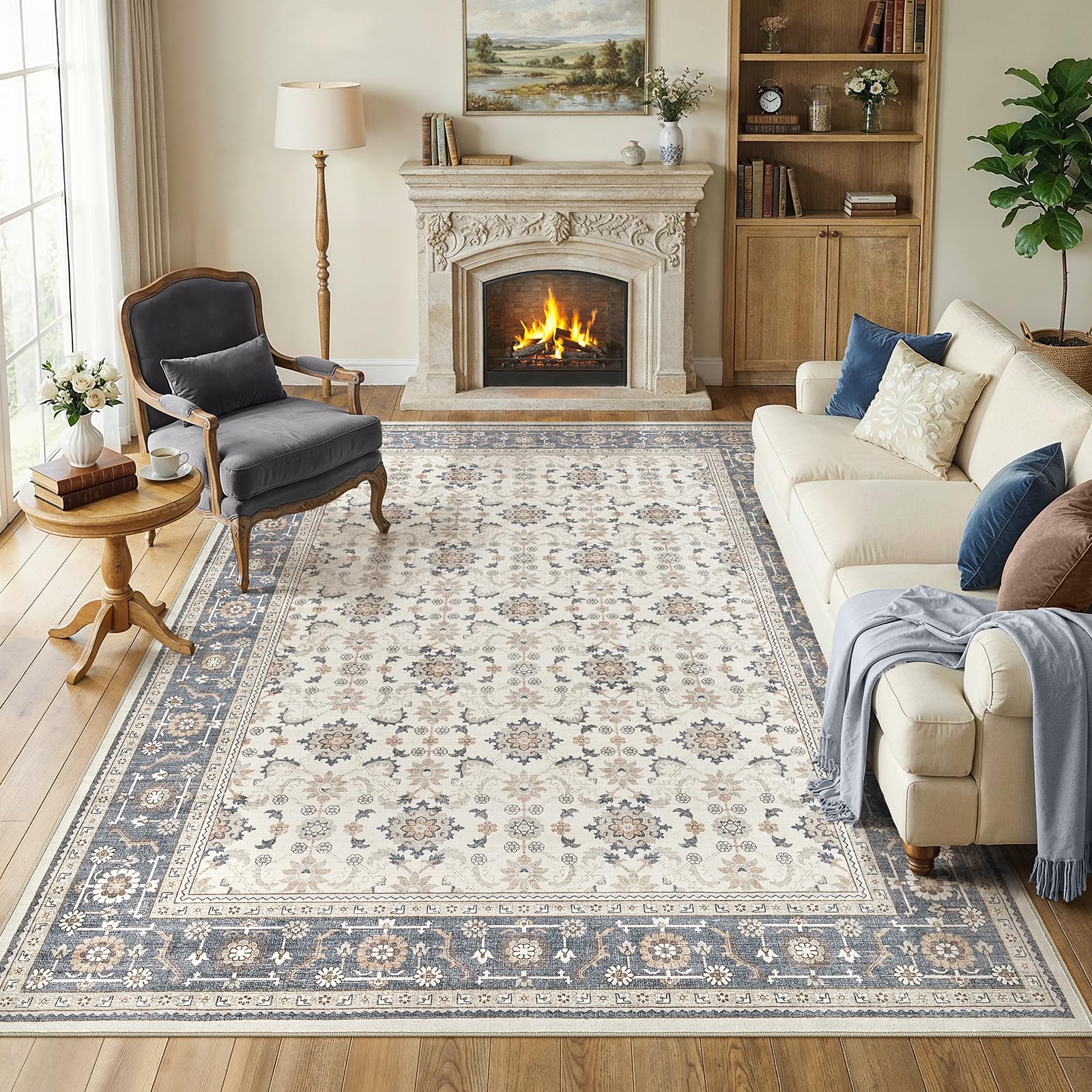 WITSHOCK 10x14 Area Rugs Living Room: Washable Large Neutral Vintage Soft Rug Stain Resistant Non-Slip Farmhouse Indoor Low Pile Floor Carpet for Bedroom Nursery Kids Office- Light Blue