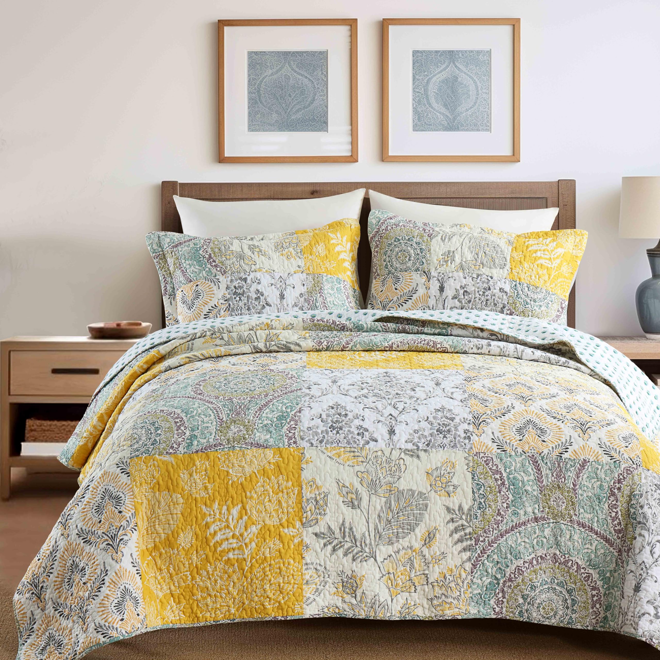 DURLENGEN Forest 100% Cotton Queen Quilt 3Pcs,Bohemian Reversible Leaves & Flowers Pattern on White, Luxury Lightweight Coverlet Sets for All Season(Queen 90x96,Forest)