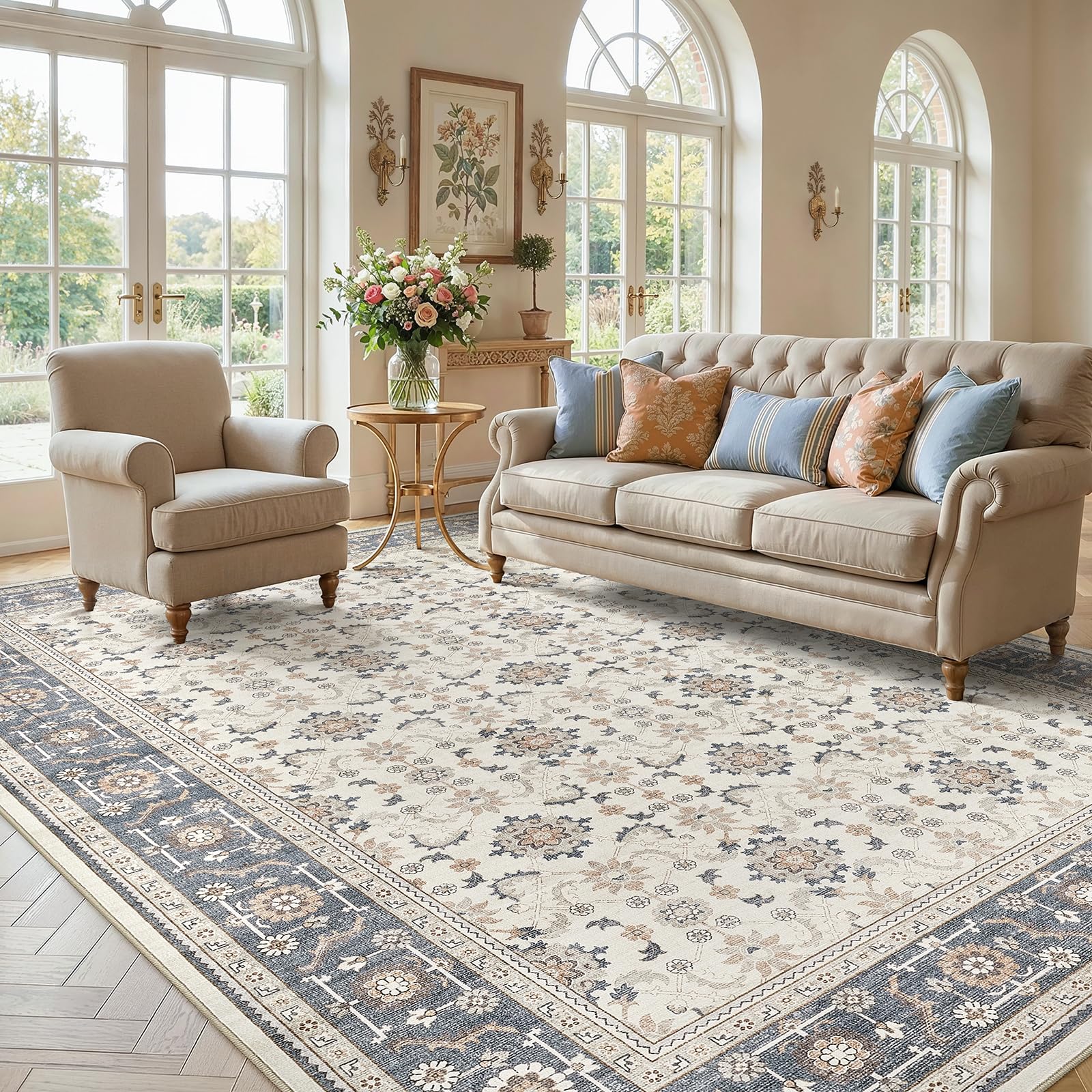 WITSHOCK 10x14 Area Rugs Living Room: Washable Large Neutral Vintage Soft Rug Stain Resistant Non-Slip Farmhouse Indoor Low Pile Floor Carpet for Bedroom Nursery Kids Office- Light Blue