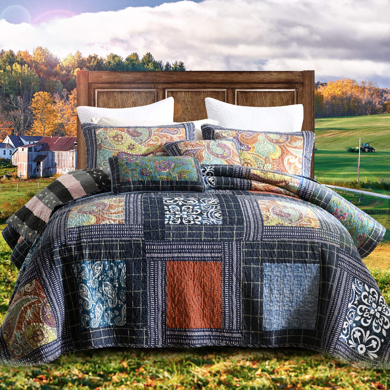 NEWLAKE Quilt Set Queen Size, 100% Cotton Patchwork Green Bohemian Quilt Sets, Reversible Bedspread Lightweight and Breathable for All Seasons, Soft Quilted Bedspread with 2 Pillow Shams