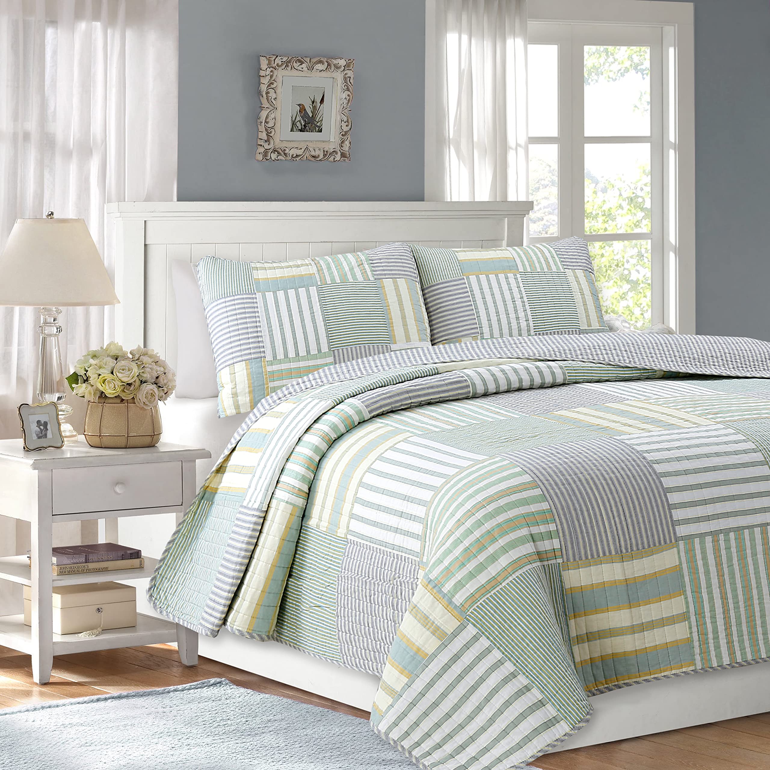 Cozy Line Home Fashions 100% Cotton Reversible Quilt Bedding Set, Classic Taupe Tan Striped Patchwork All-Season Coverlet Bedspread (Winter Plains, Queen-3 Piece)