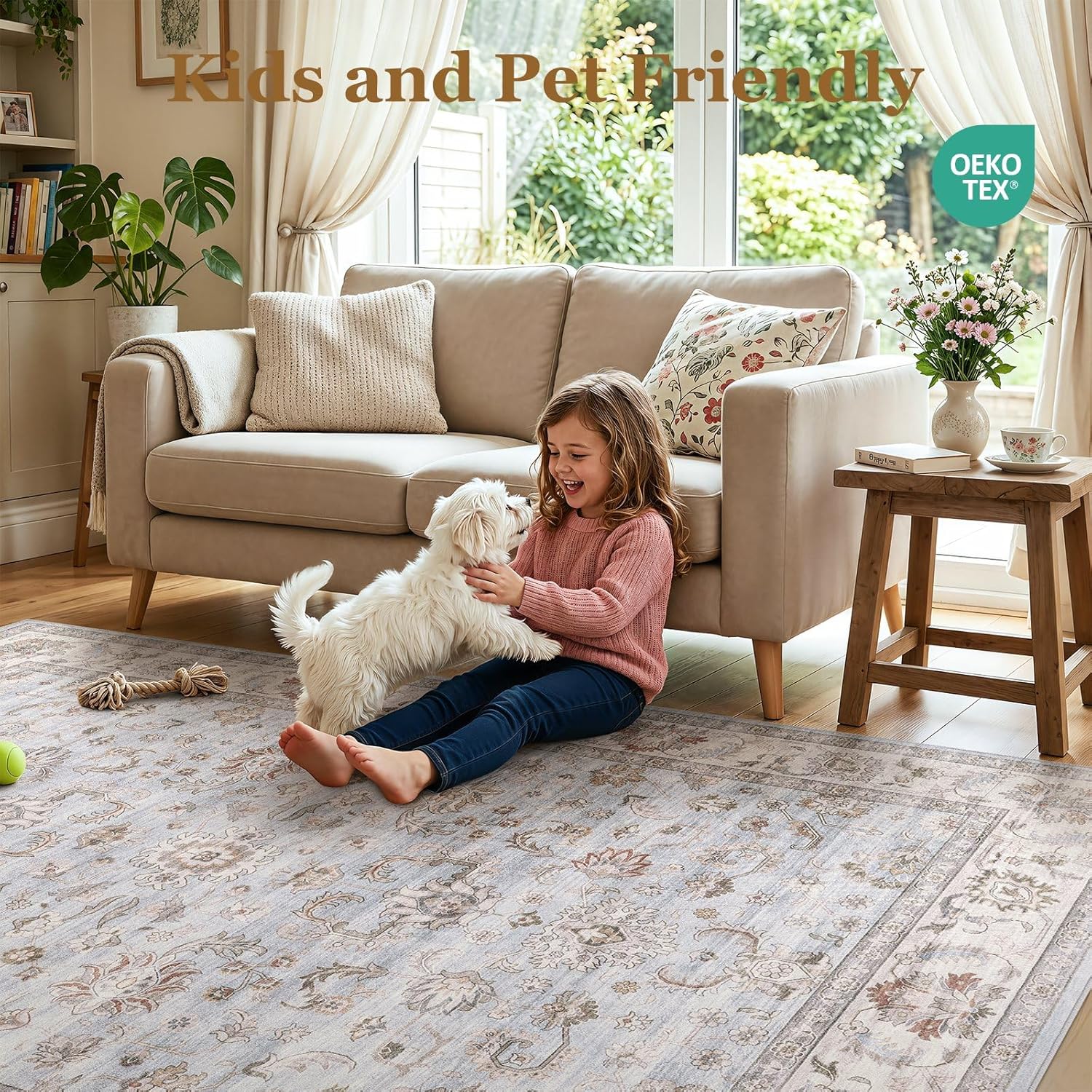 WITSHOCK 10x14 Area Rugs Living Room: Washable Large Neutral Vintage Soft Rug Stain Resistant Non-Slip Farmhouse Indoor Low Pile Floor Carpet for Bedroom Nursery Kids Office- Light Blue