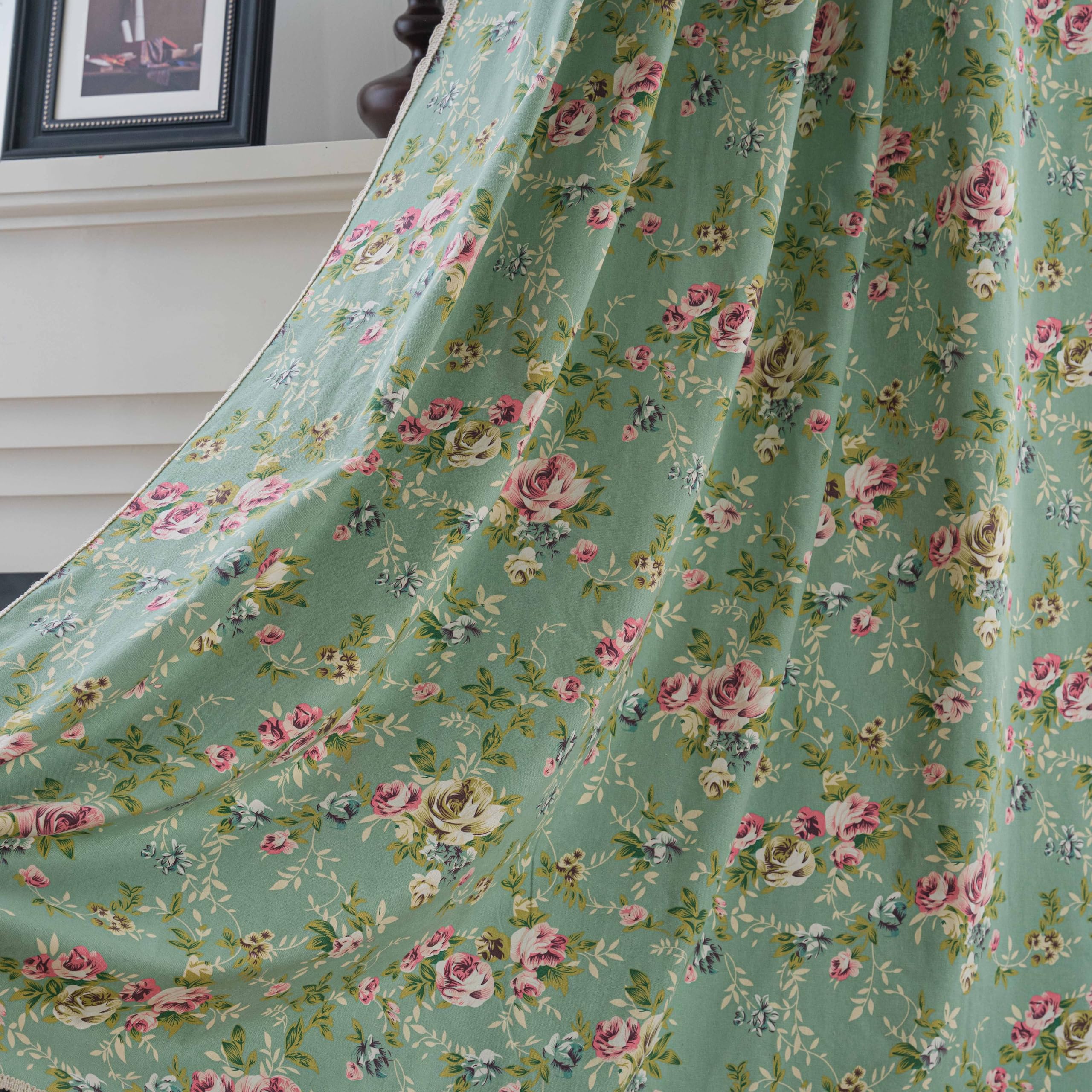 Green Boho Floral Curtains 84", 2 Panels Cotton Linen Semi-Blackout Drapes with Tassel