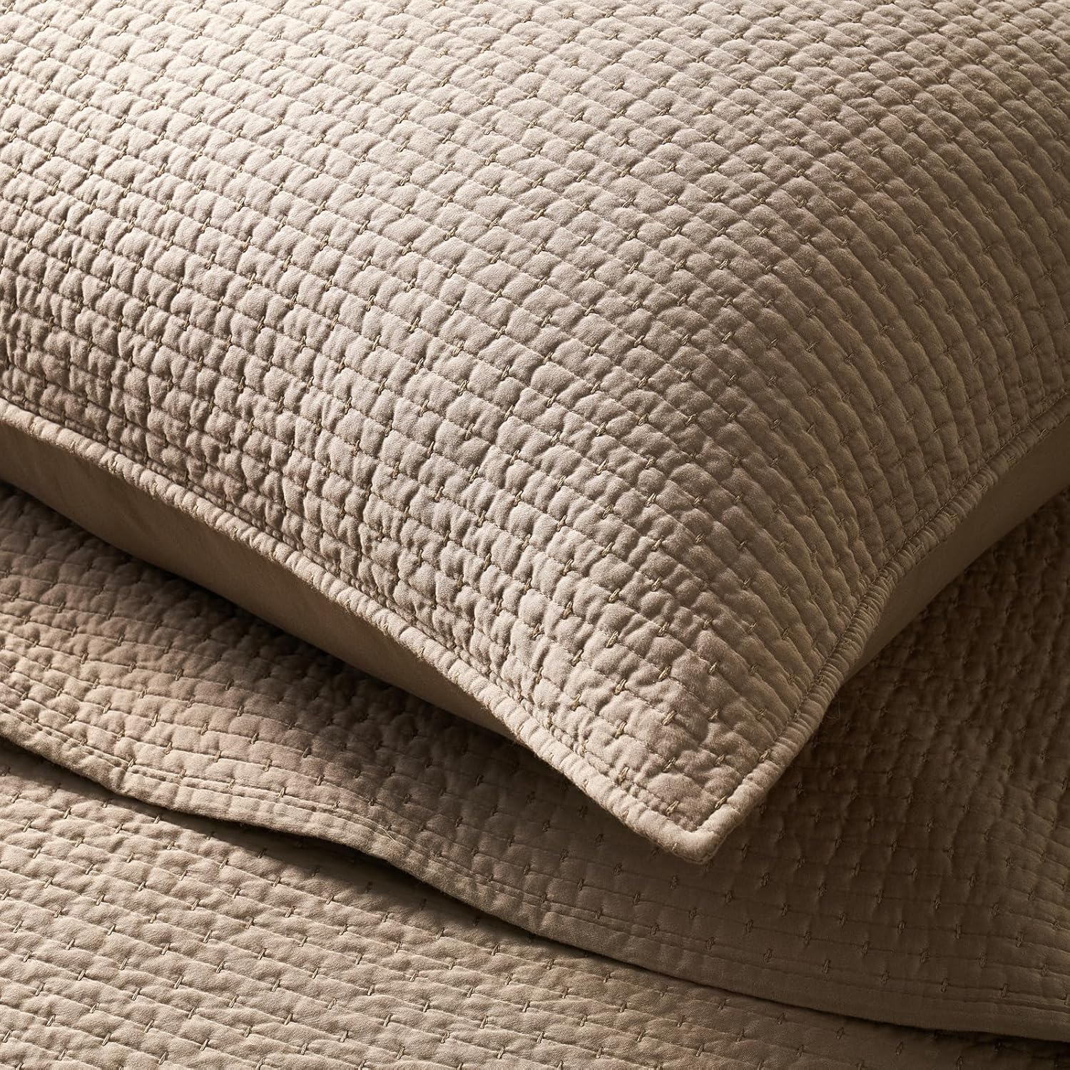 EVERGRACE Cotton Sateen Pick-Stitch Quilt Set Queen Size – 100% Cotton Coverlet Bedding, Pre-Washed Oversized Bedspread, Breathable All-Season Quilt Set with 2 Shams, Stone Taupe