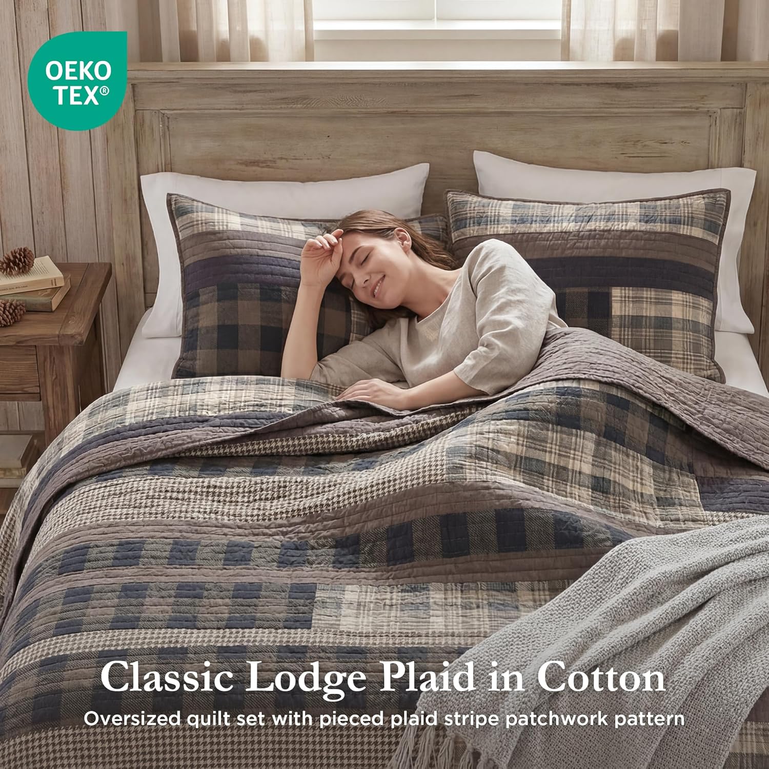 Woolrich Winter Plains Reversible Quilt Set - Cottage Styling Reversed to Solid Color, All Season Lightweight Coverlet, Cozy Bedding Layer, Matching Shams, Oversized Full/Queen, Stripes Taupe 3 Piece