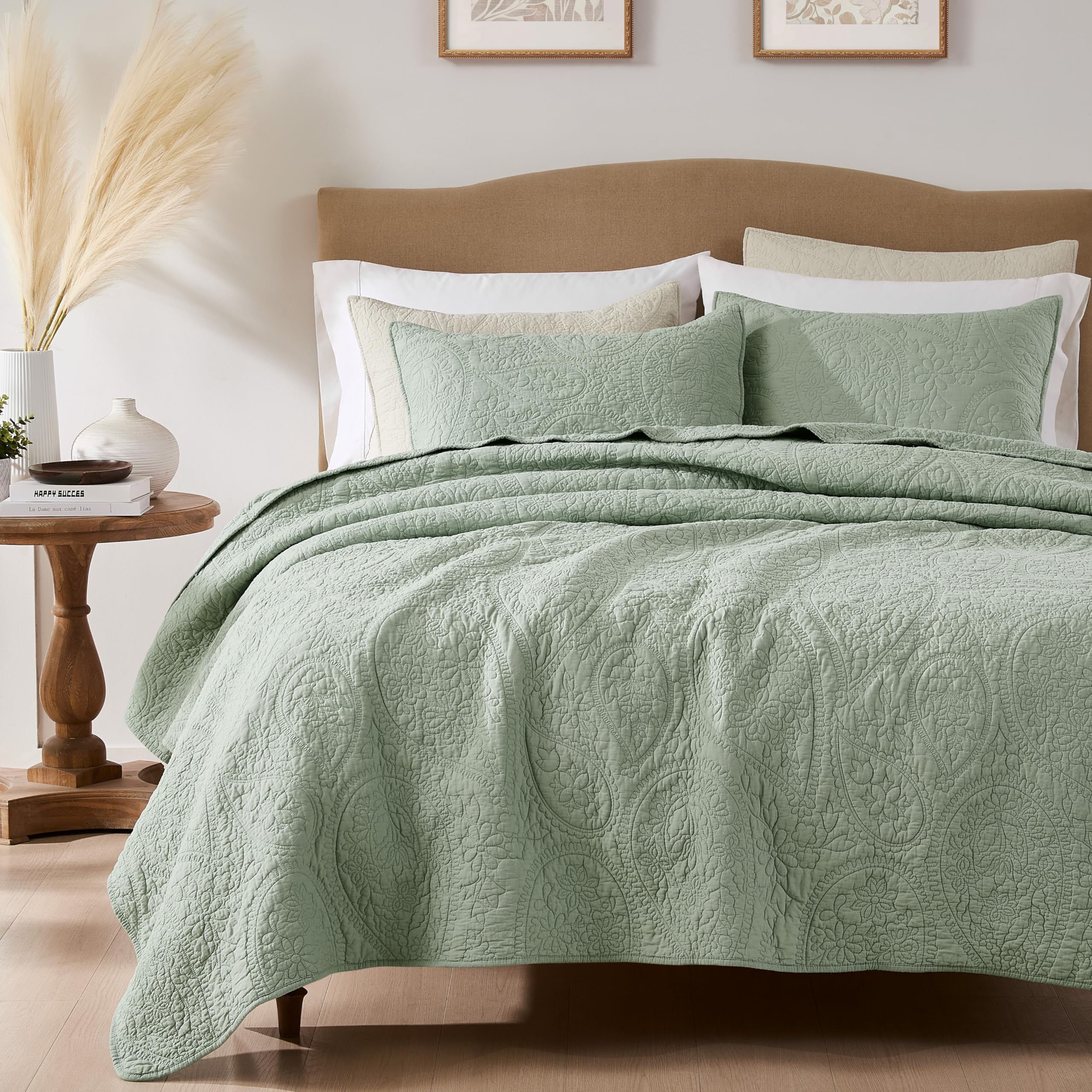 palassio Striped Blue Grey 100% Cotton Quilt King Size Bedding Sets, Lightweight Crinkly Channel Pick Stitch Textured Bedspread Soft Shabby Chic Farmhouse Country Coverlet for All Season, 2 Shams