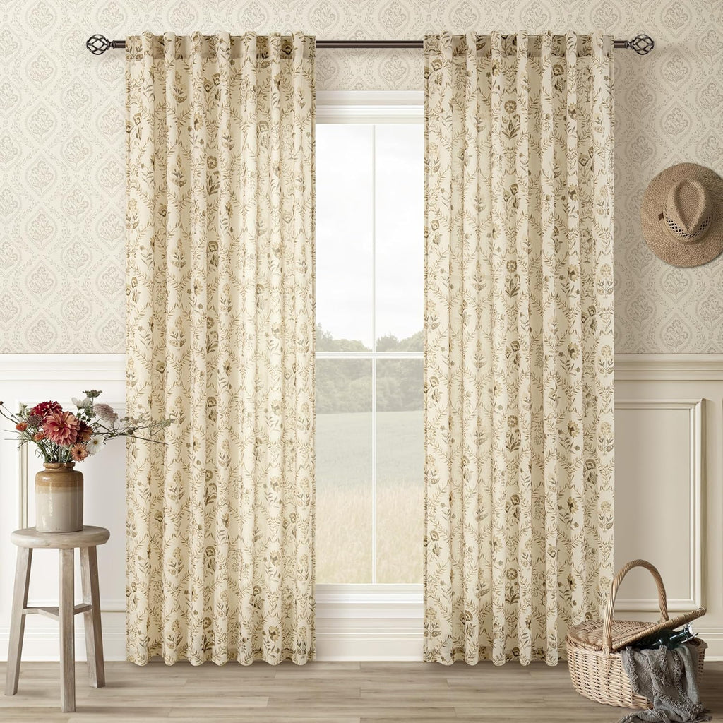 TWOPANELS Spring Farmhouse Floral Linen Curtains 84 Inch Length for Living Room Bedroom 2 Panels Semi Sheer Curtains Back Tab Tan Brown Patterned Flower on Beige Farmhouse Boho Rustic Window Drapes