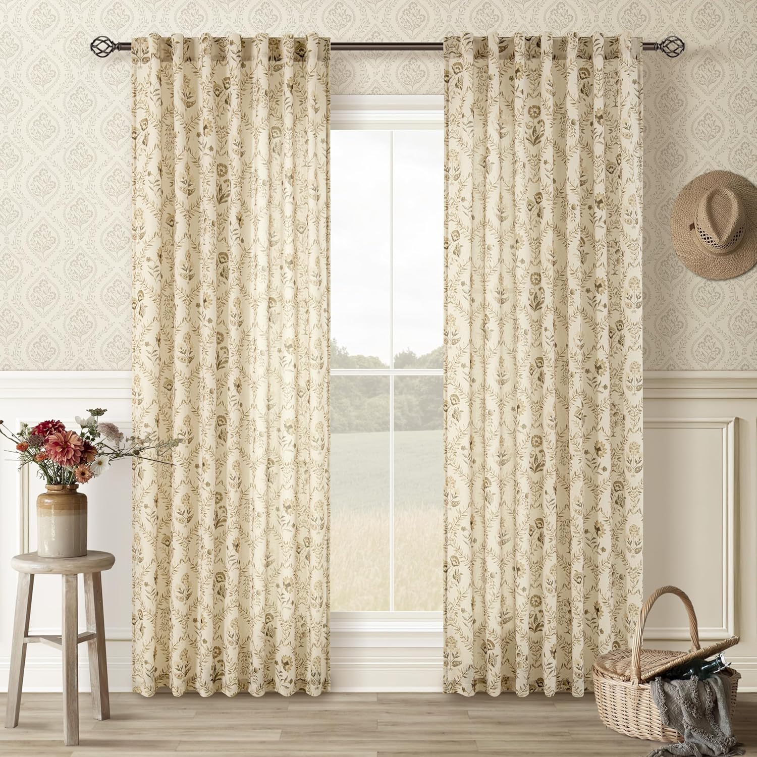 TWOPANELS Spring Farmhouse Floral Linen Curtains 84 Inch Length for Living Room Bedroom 2 Panels Semi Sheer Curtains Back Tab Tan Brown Patterned Flower on Beige Farmhouse Boho Rustic Window Drapes