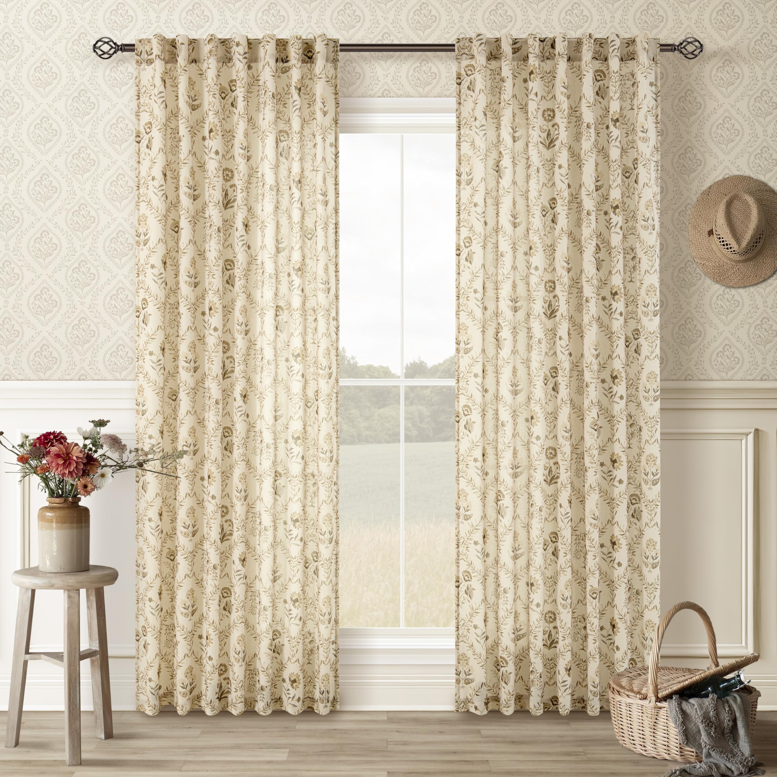 TWOPANELS Spring Farmhouse Floral Linen Curtains 84 Inch Length for Living Room Bedroom 2 Panels Semi Sheer Curtains Back Tab Tan Brown Patterned Flower on Beige Farmhouse Boho Rustic Window Drapes