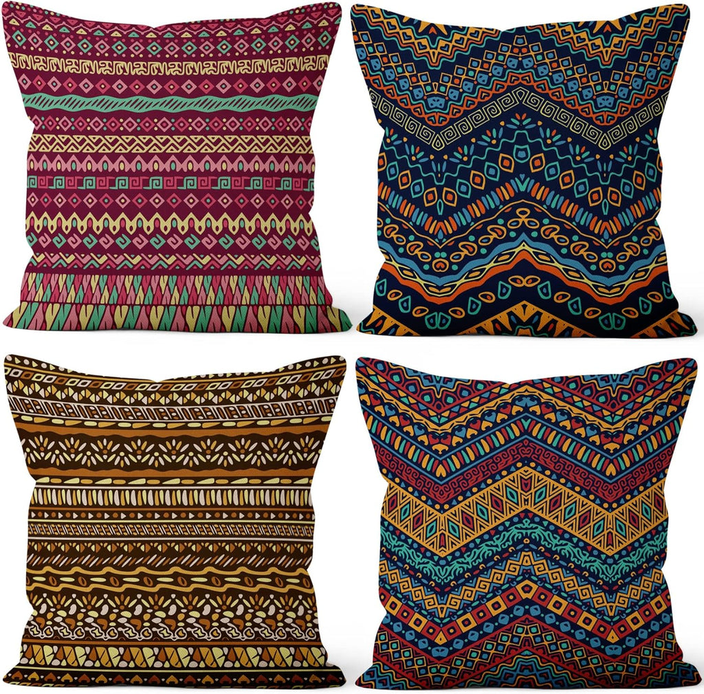 4 Pcs/Set Geometric Pillow Covers Boho Abstract Strips Patchwork Color Geometric Ethnic Colorful Vintage Artwork Linen Throw Cushion Cases for Couch Sofa Bedroom Decorative, 22"x22"