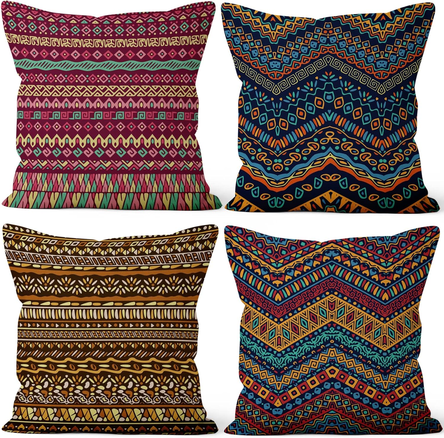4 Pcs/Set Geometric Pillow Covers Boho Abstract Strips Patchwork Color Geometric Ethnic Colorful Vintage Artwork Linen Throw Cushion Cases for Couch Sofa Bedroom Decorative, 22"x22"