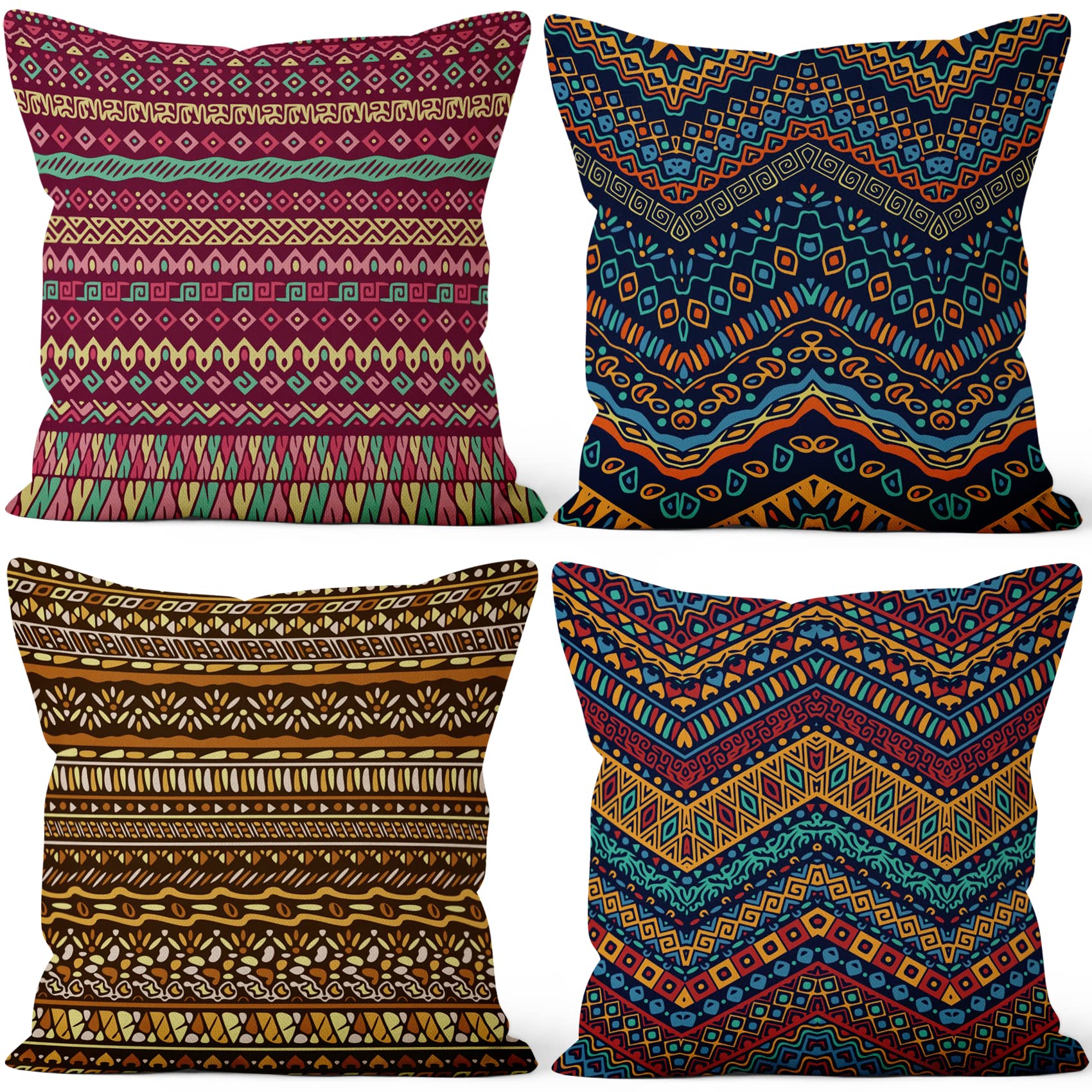 4 Pcs/Set Geometric Pillow Covers Boho Abstract Strips Patchwork Color Geometric Ethnic Colorful Vintage Artwork Linen Throw Cushion Cases for Couch Sofa Bedroom Decorative, 22"x22"