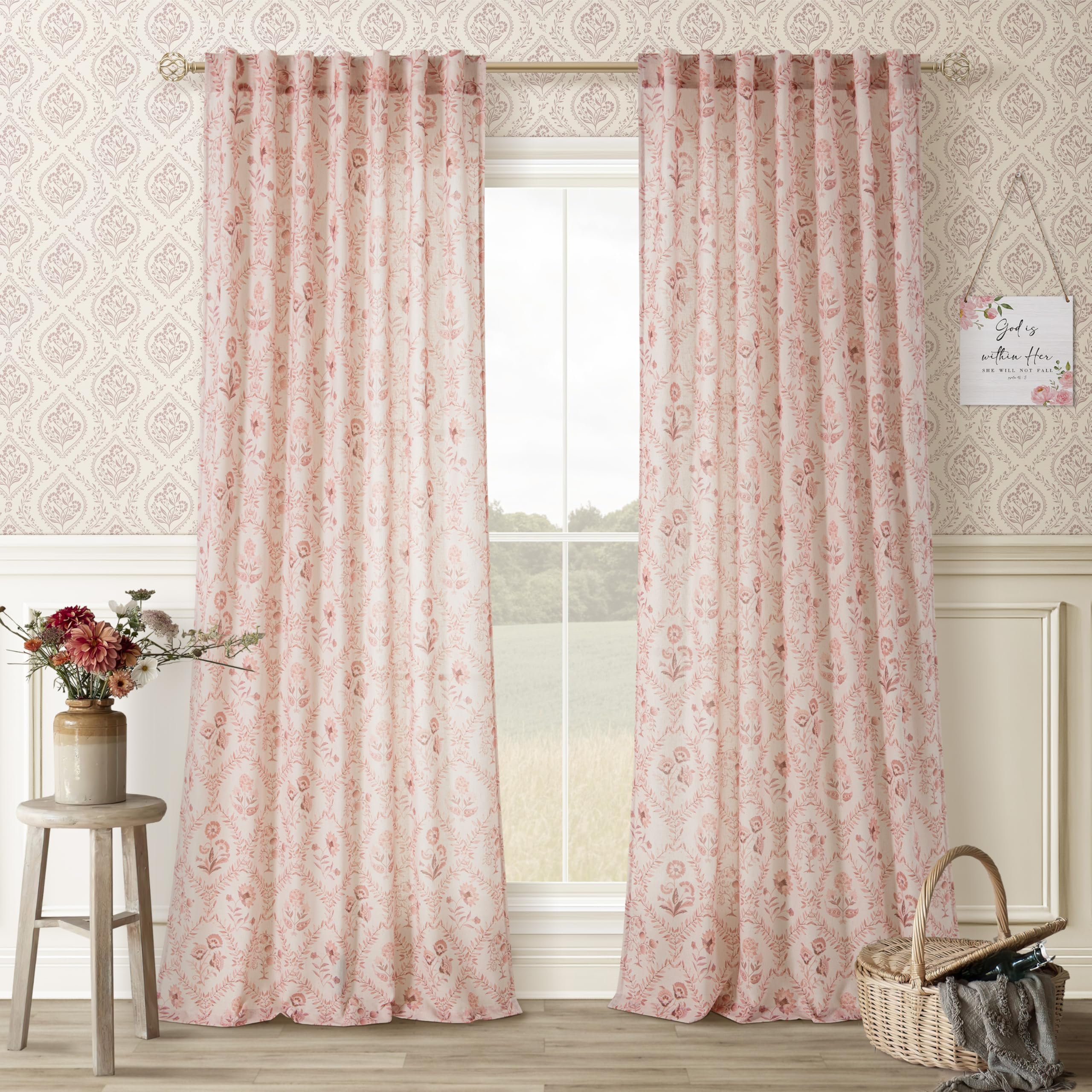 TWOPANELS Spring Farmhouse Floral Linen Curtains 84 Inch Length for Living Room Bedroom 2 Panels Semi Sheer Curtains Back Tab Tan Brown Patterned Flower on Beige Farmhouse Boho Rustic Window Drapes