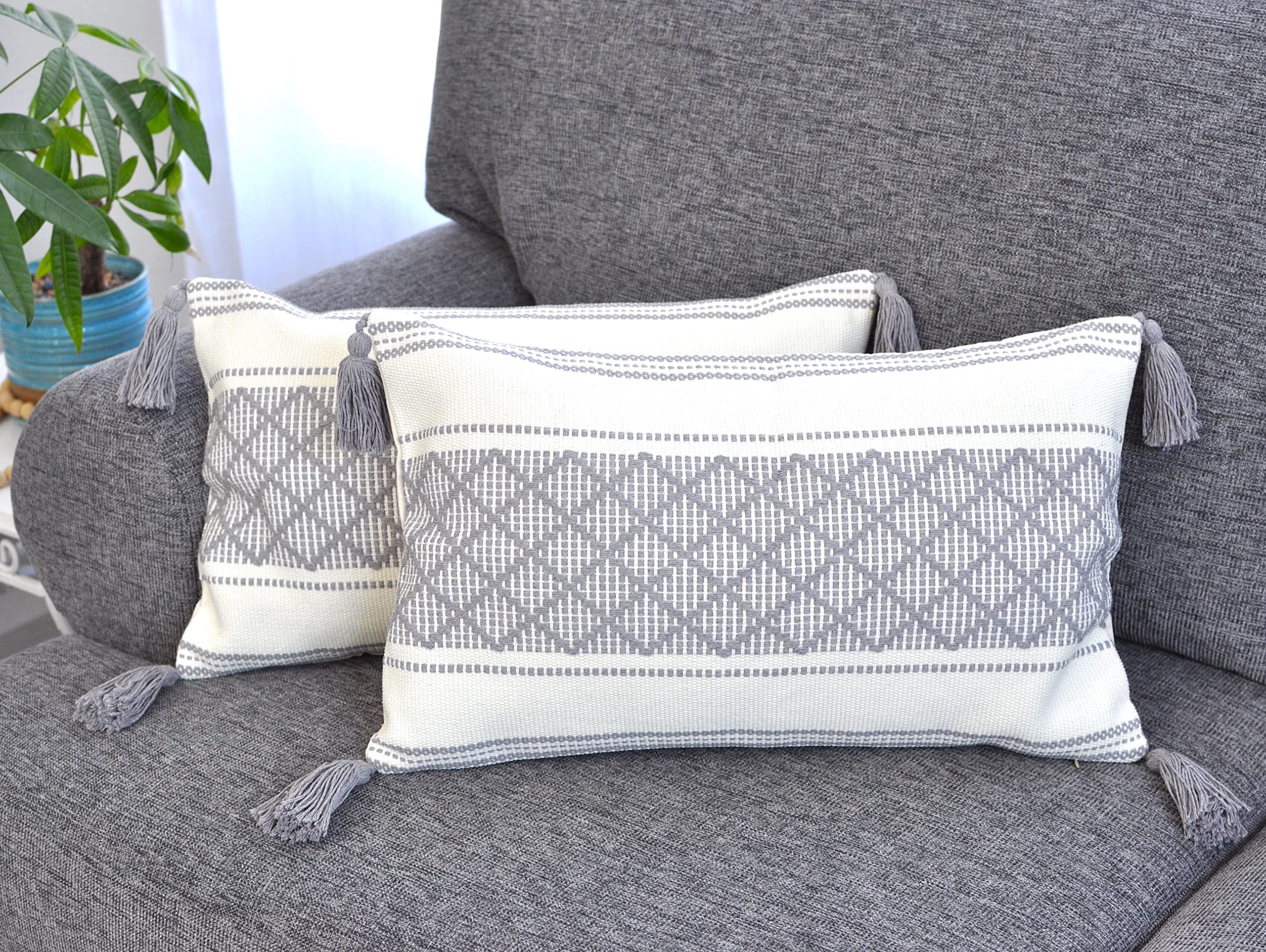 Boho Throw Pillow Covers with Tassels Navy Blue 16x16 inches Set of 2 Checkered Geometric Pattern/Decorative Square Pillow Covers for Couch Sofa Indoor Outdoor/Farmhouse Accent Pillow Cases