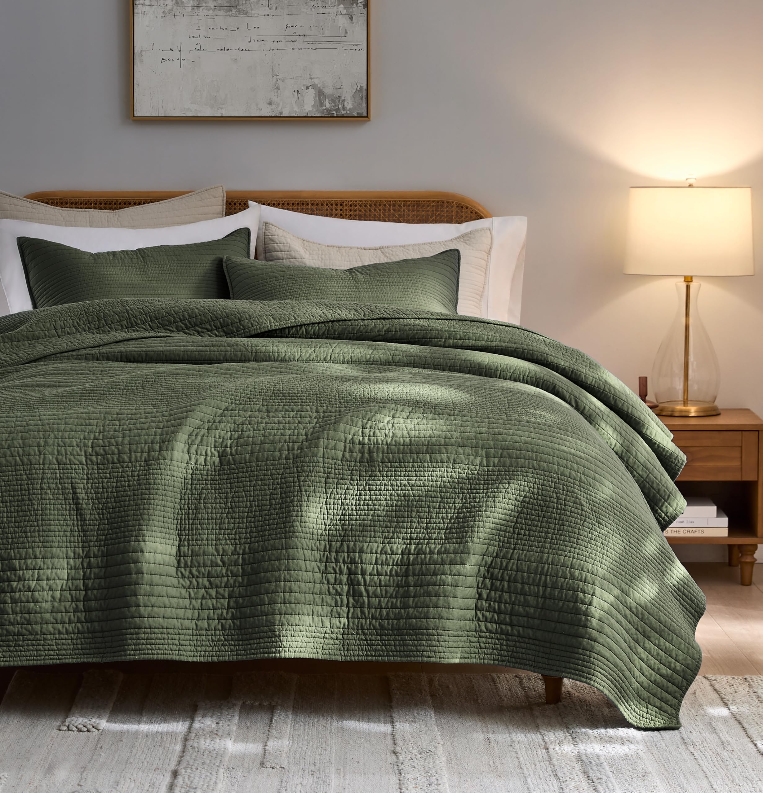 palassio Striped Blue Grey 100% Cotton Quilt King Size Bedding Sets, Lightweight Crinkly Channel Pick Stitch Textured Bedspread Soft Shabby Chic Farmhouse Country Coverlet for All Season, 2 Shams