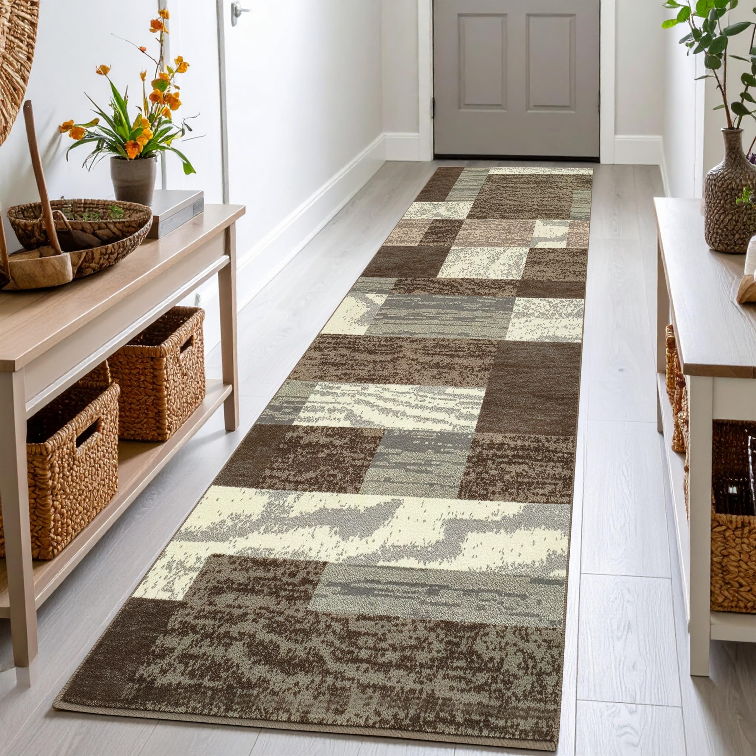 SUPERIOR Indoor Area Rug, Jute Backed, Modern Geometric Patchwork Floor Decor for Bedroom, Office, Living Room, Entryway, Hardwood Floors, Rockwood Collection, 4' x 6', Chocolate