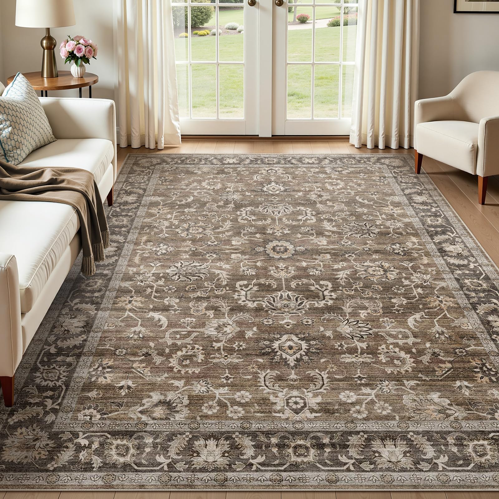 WITSHOCK 10x14 Area Rugs Living Room: Washable Large Neutral Vintage Soft Rug Stain Resistant Non-Slip Farmhouse Indoor Low Pile Floor Carpet for Bedroom Nursery Kids Office- Light Blue