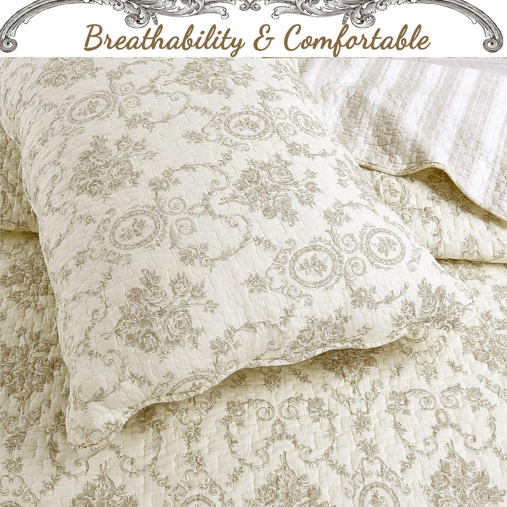 Cozy Line Home Fashions French Medallion 100% Cotton Bedding Quilt Set, Beige Ivory Rose Flower Reversible Coverlet Bedspread (Cream Eggnog, Queen -3 piece)